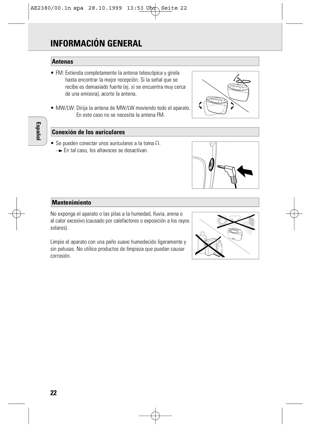 Philips AE2380 manual Información General, Antenas, Conexión de los auriculares, Mantenimiento 