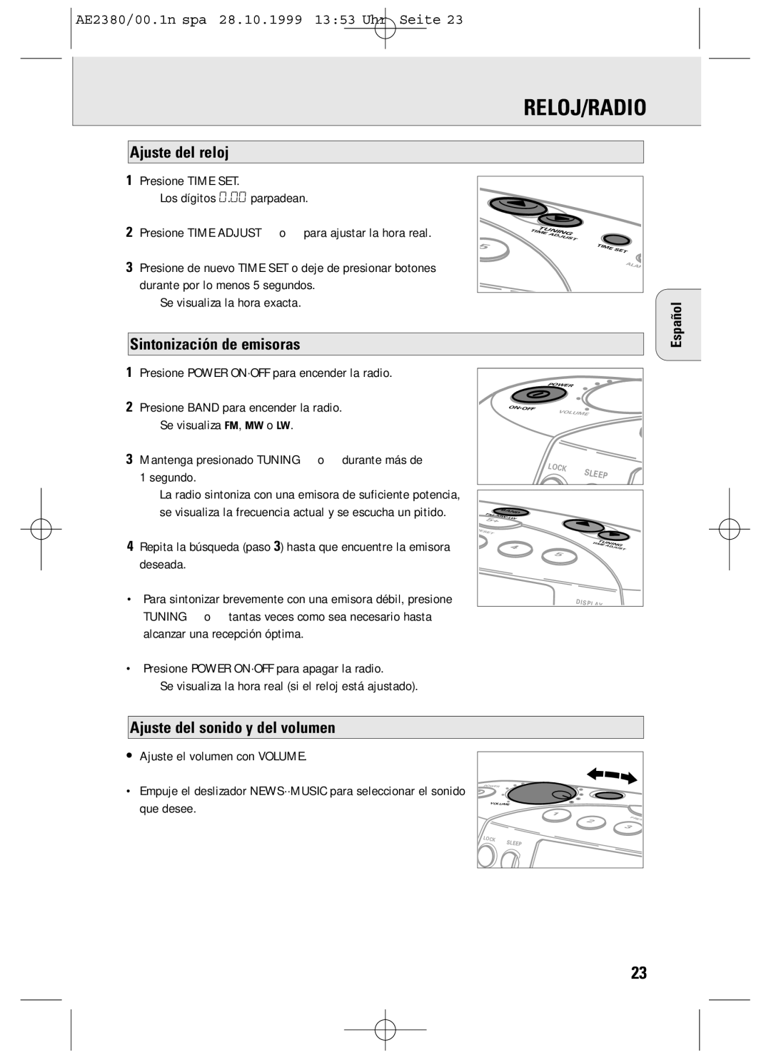 Philips AE2380 manual Reloj/Radio, Ajuste del reloj, Sintonización de emisoras, Ajuste del sonido y del volumen 