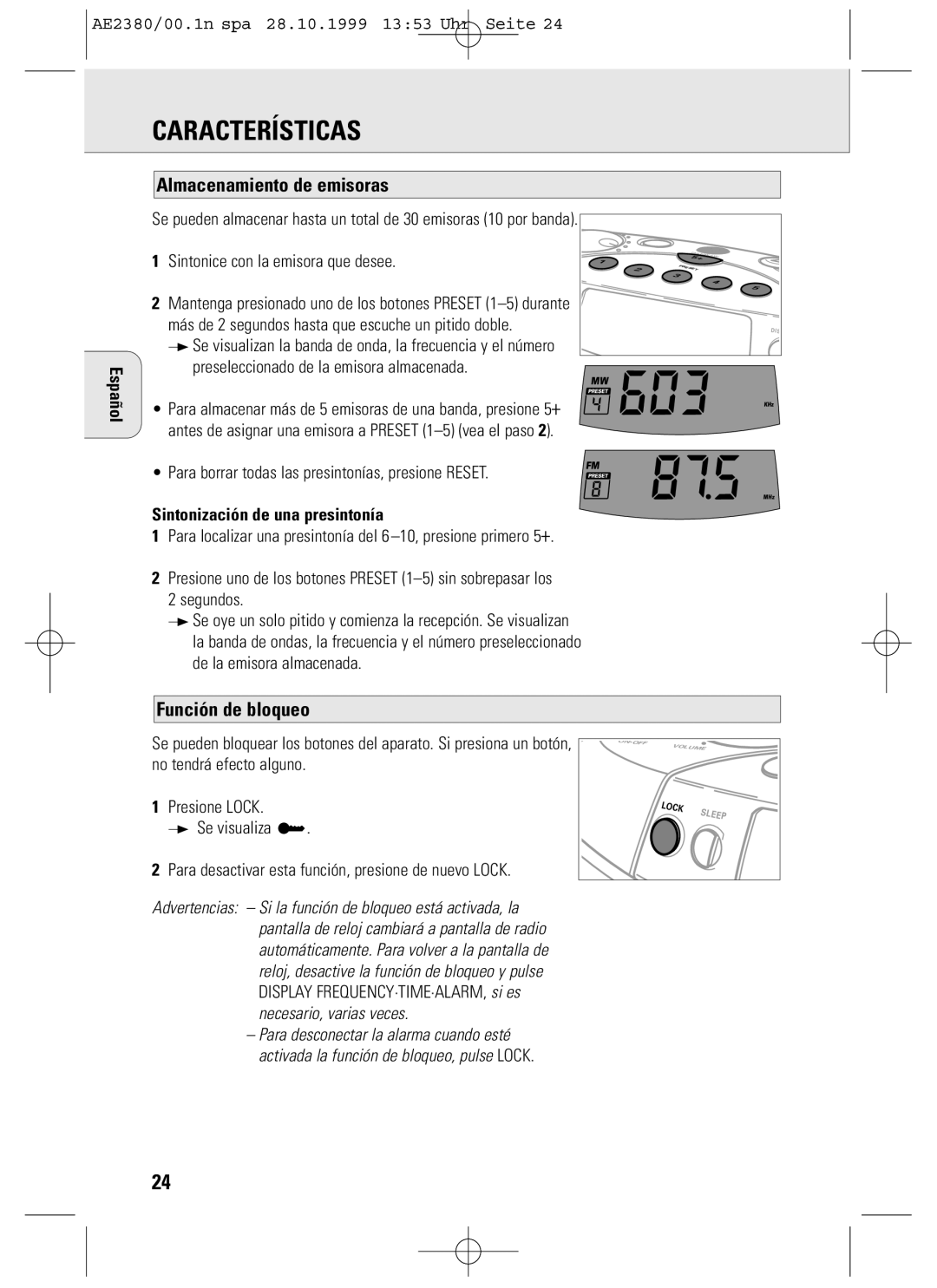 Philips AE2380 manual Características, Almacenamiento de emisoras, Función de bloqueo, Sintonización de una presintonía 