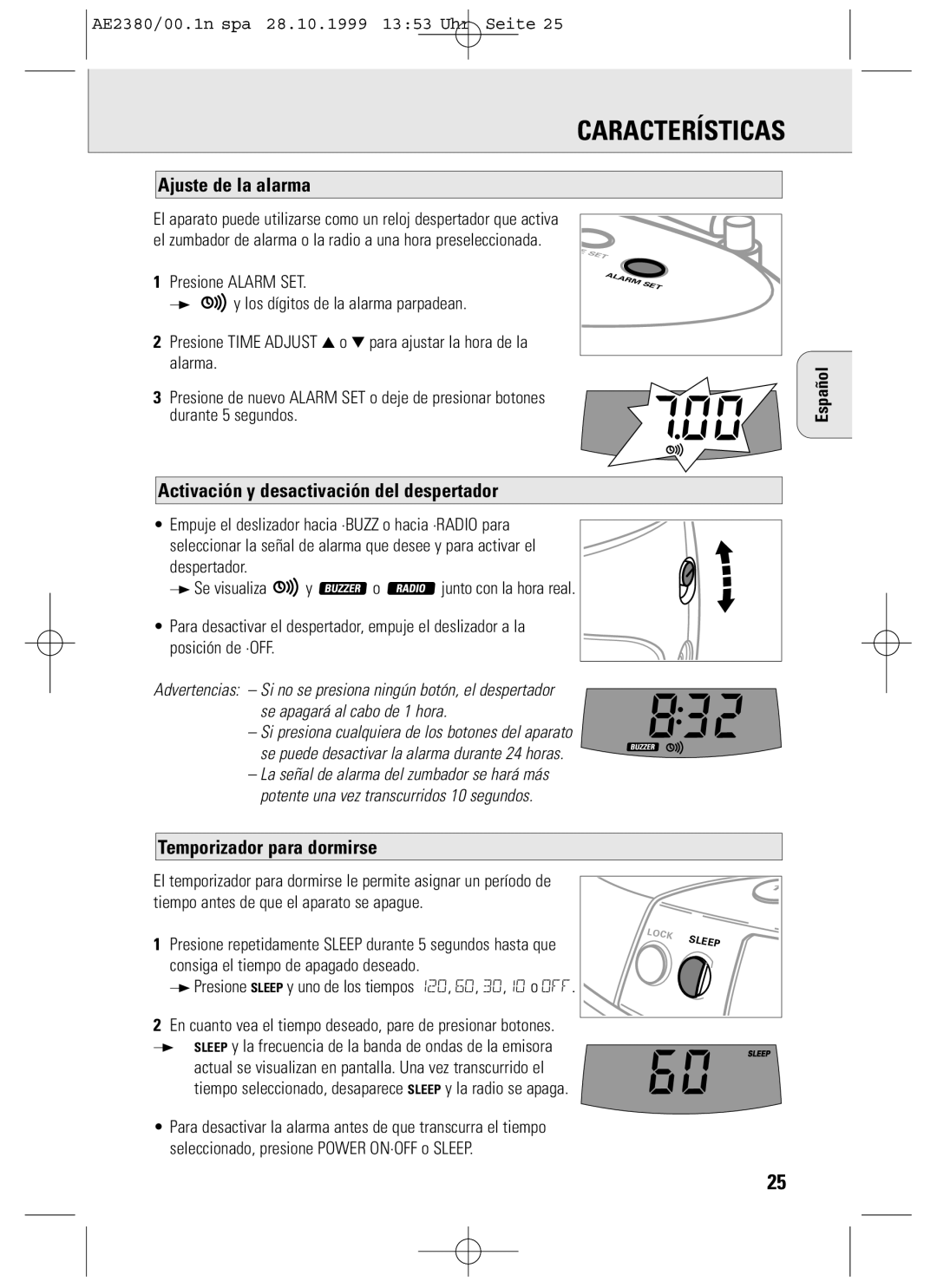 Philips AE2380 manual Ajuste de la alarma, Activación y desactivación del despertador, Temporizador para dormirse 