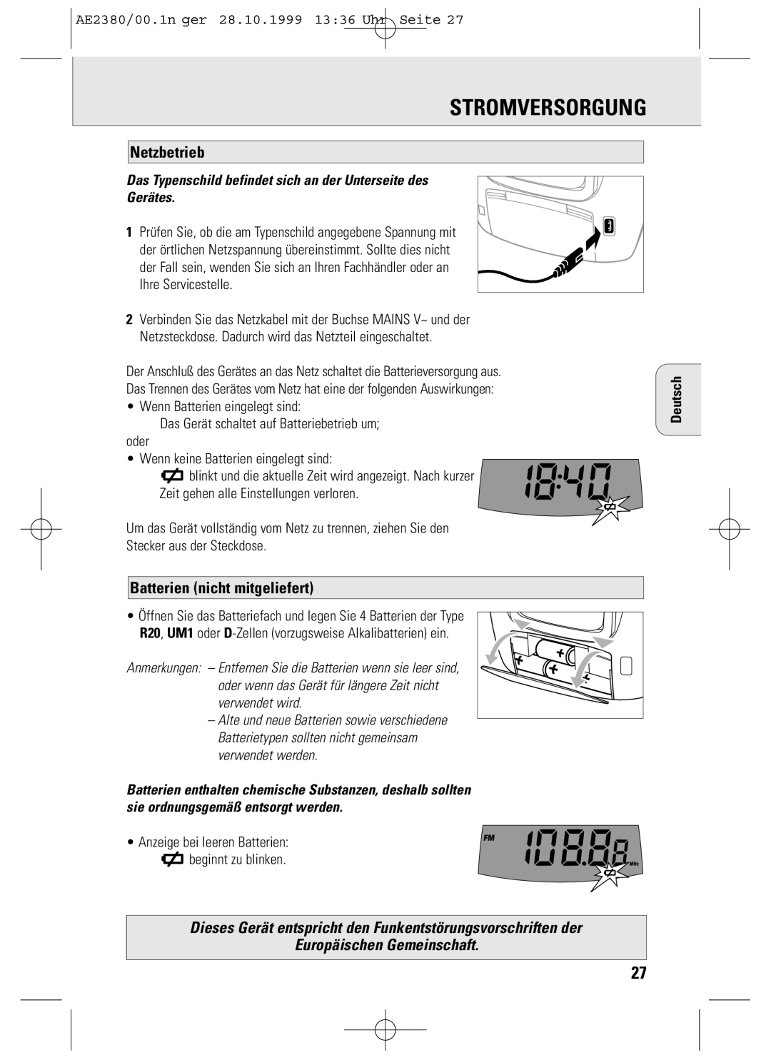 Philips AE2380 manual Stromversorgung, Netzbetrieb, Batterien nicht mitgeliefert, Deutsch 