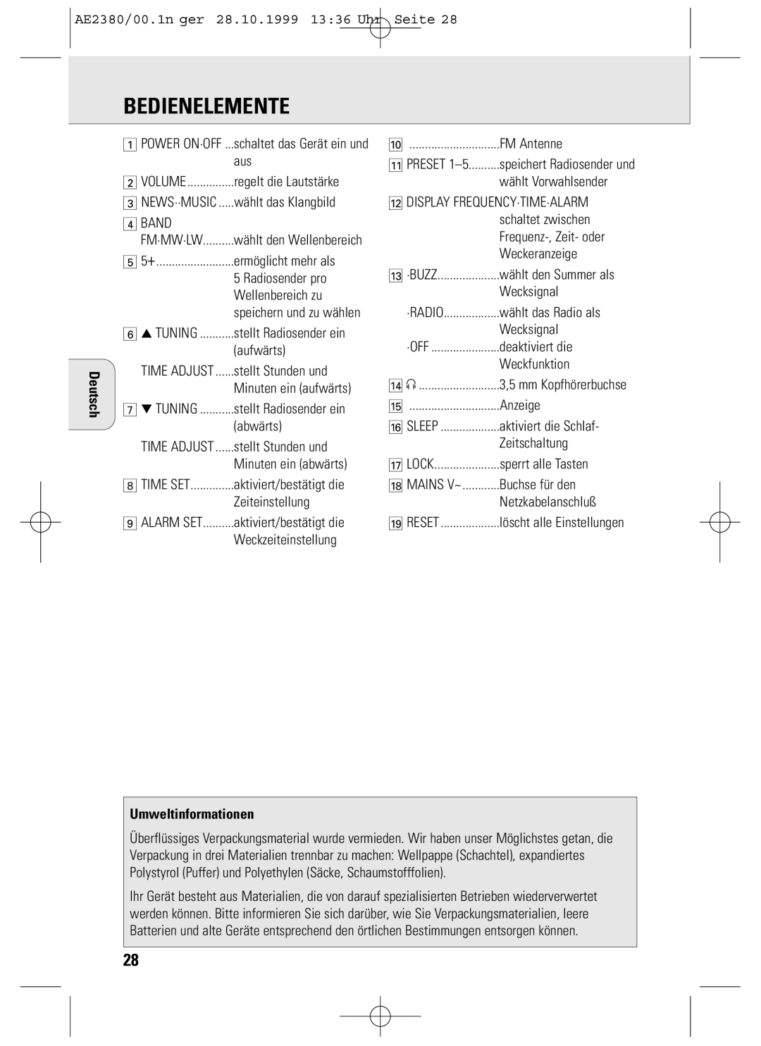 Philips AE2380 manual Bedienelemente, Umweltinformationen 