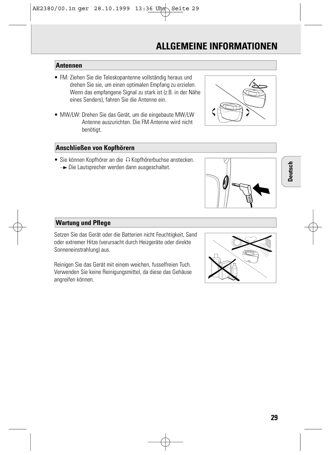 Philips AE2380 manual Allgemeine Informationen, Antennen, Anschließen von Kopfhörern, Wartung und Pflege 