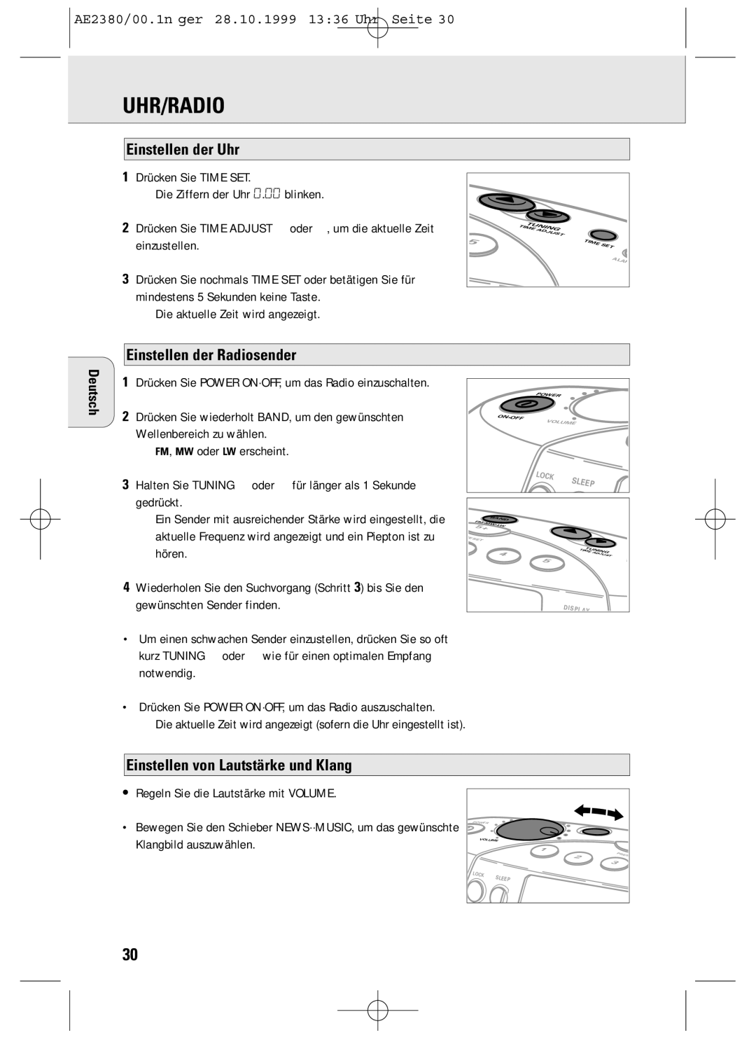 Philips AE2380 manual Uhr/Radio, Einstellen der Uhr, Einstellen der Radiosender, Einstellen von Lautstärke und Klang 