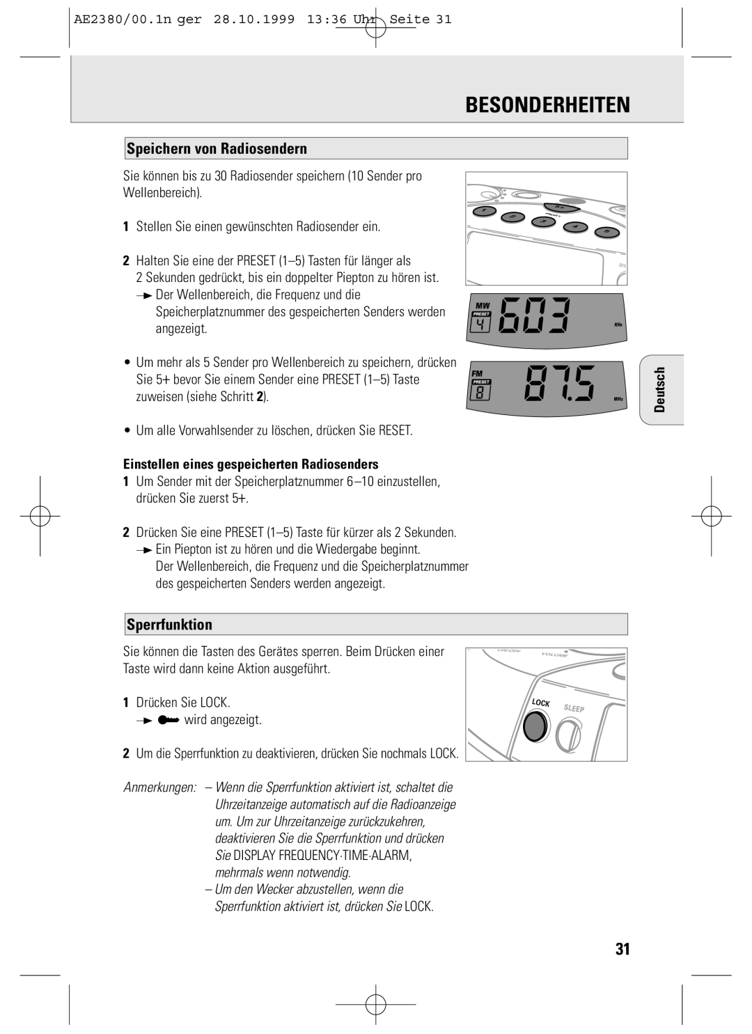 Philips AE2380 Besonderheiten, Speichern von Radiosendern, Sperrfunktion, Einstellen eines gespeicherten Radiosenders 