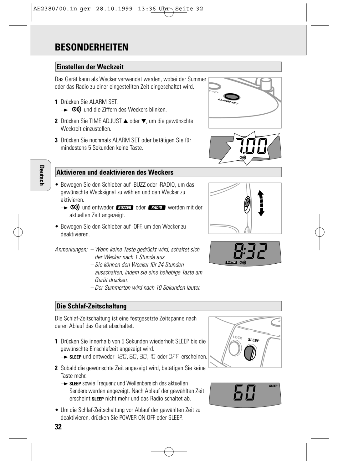 Philips AE2380 manual Einstellen der Weckzeit, Aktivieren und deaktivieren des Weckers, Die Schlaf-Zeitschaltung 