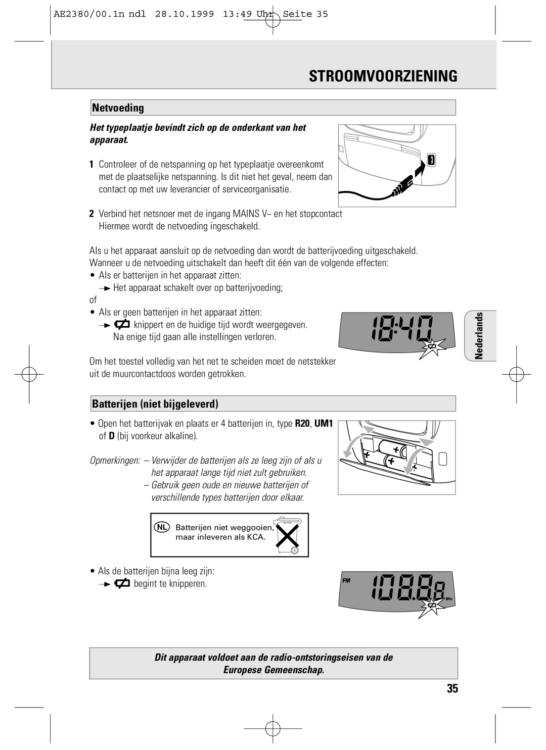 Philips AE2380 manual Stroomvoorziening, Netvoeding, Batterijen niet bijgeleverd 