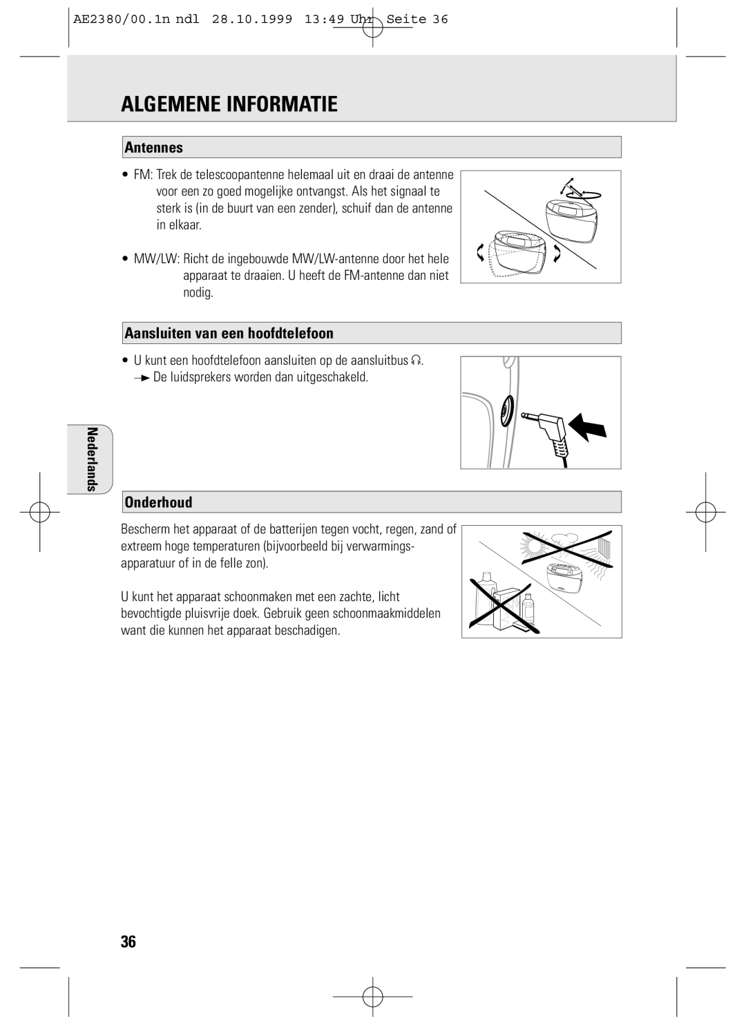 Philips AE2380 manual Algemene Informatie, Aansluiten van een hoofdtelefoon, Onderhoud 