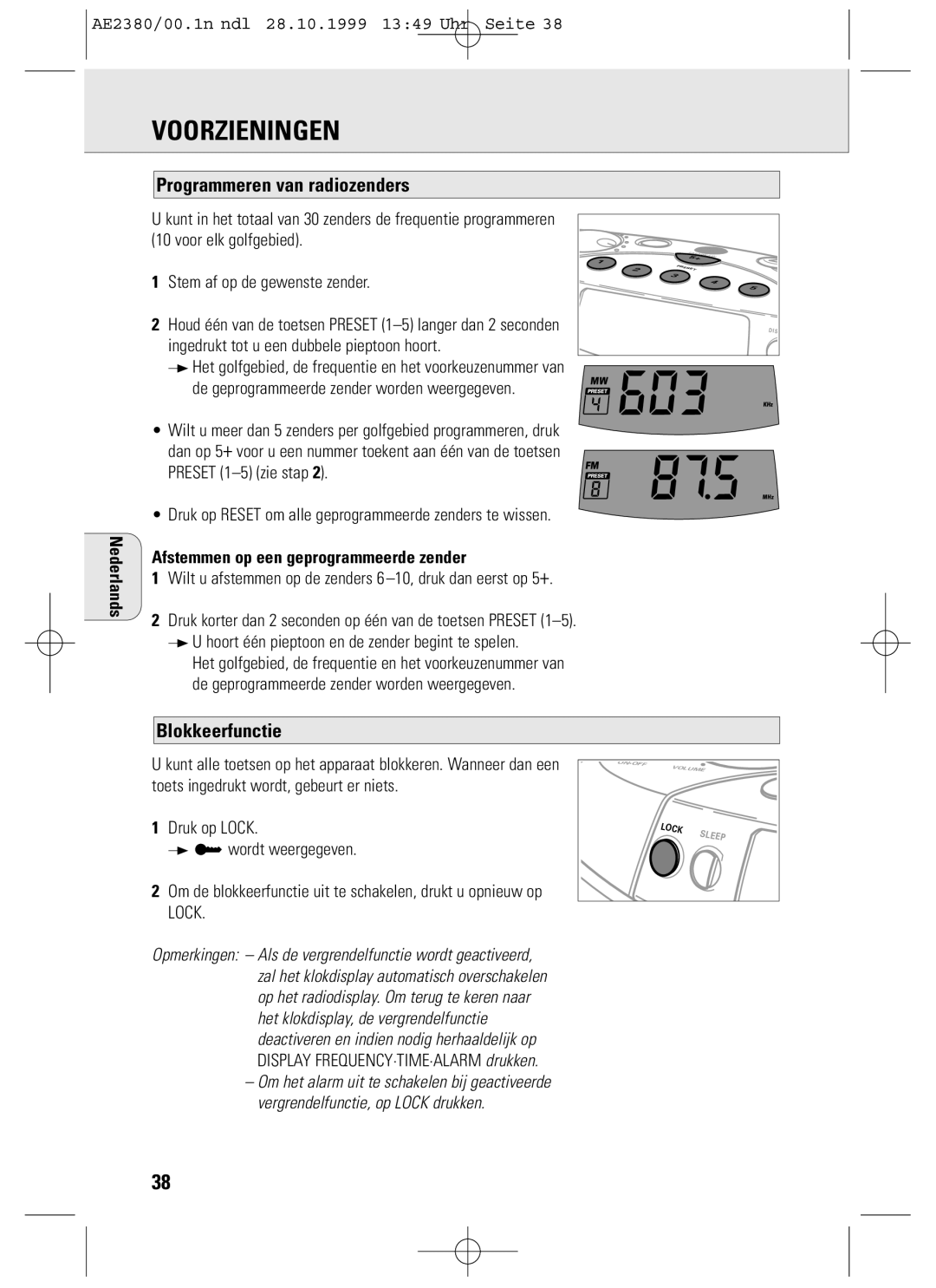 Philips AE2380 Voorzieningen, Programmeren van radiozenders, Blokkeerfunctie, Afstemmen op een geprogrammeerde zender 