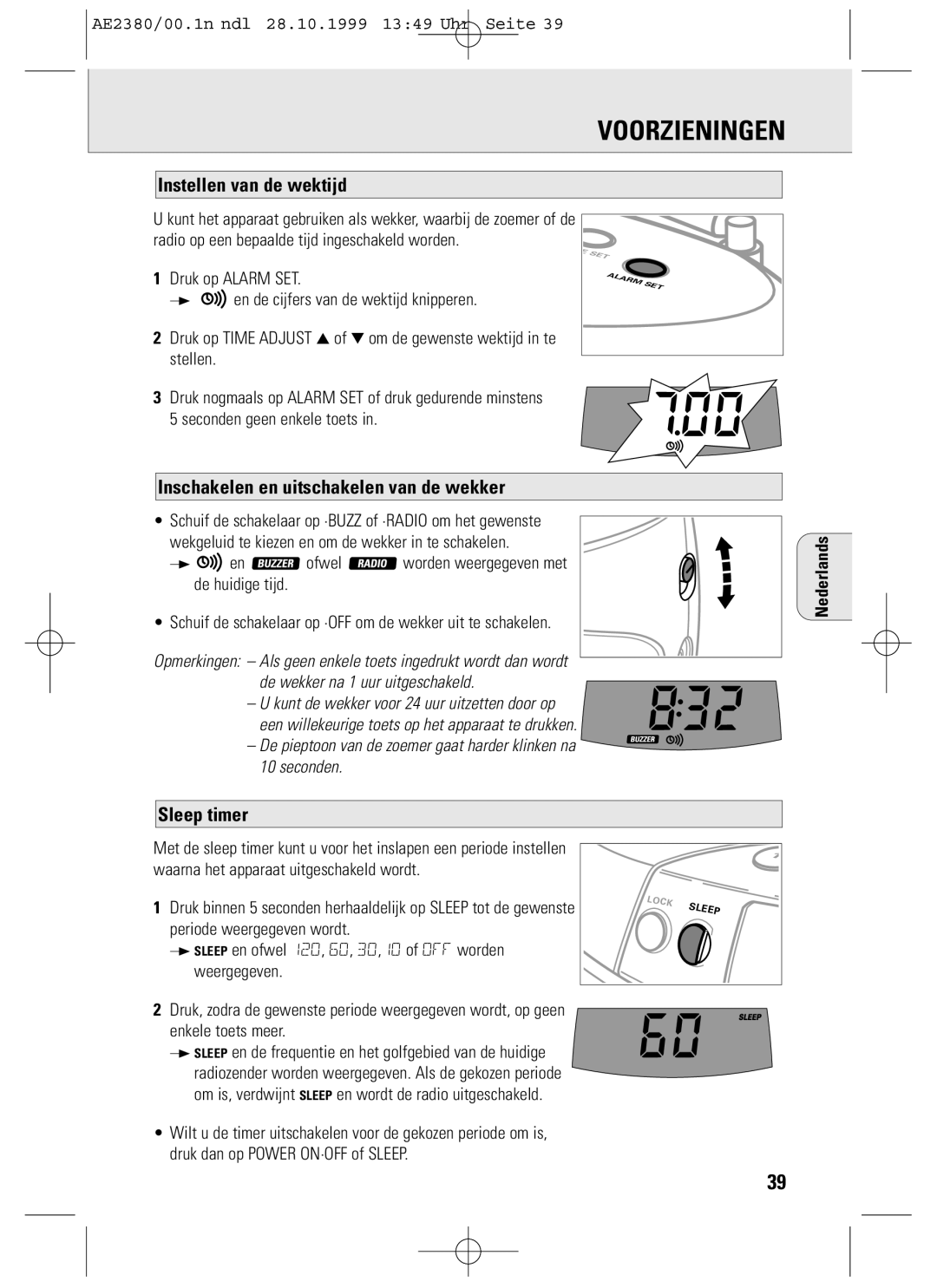 Philips AE2380 manual Instellen van de wektijd, Inschakelen en uitschakelen van de wekker 