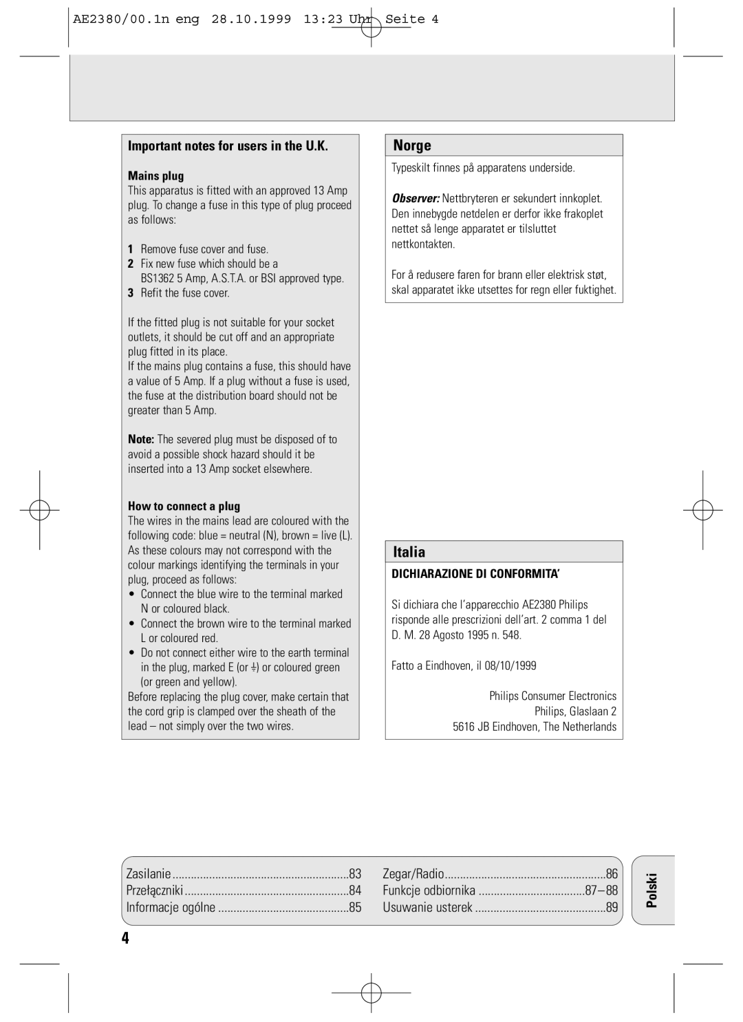 Philips AE2380 manual Norge, Italia, Important notes for users in the U.K, Polski 