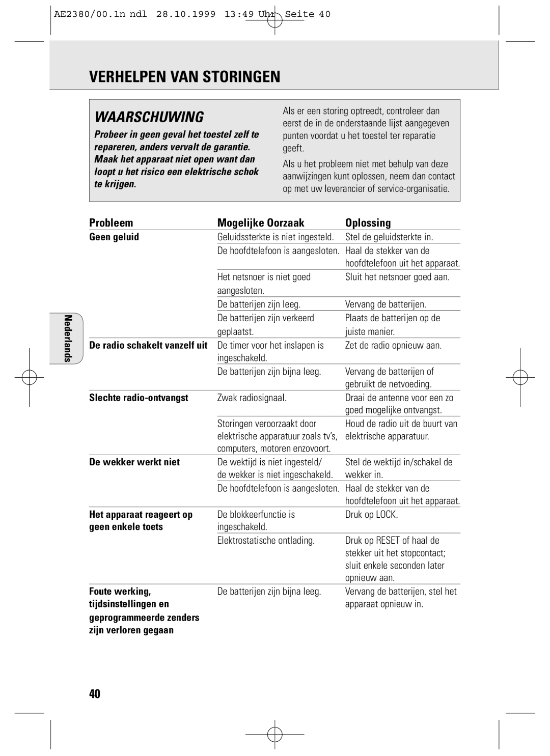 Philips AE2380 manual Verhelpen VAN Storingen, Probleem Mogelijke Oorzaak Oplossing 