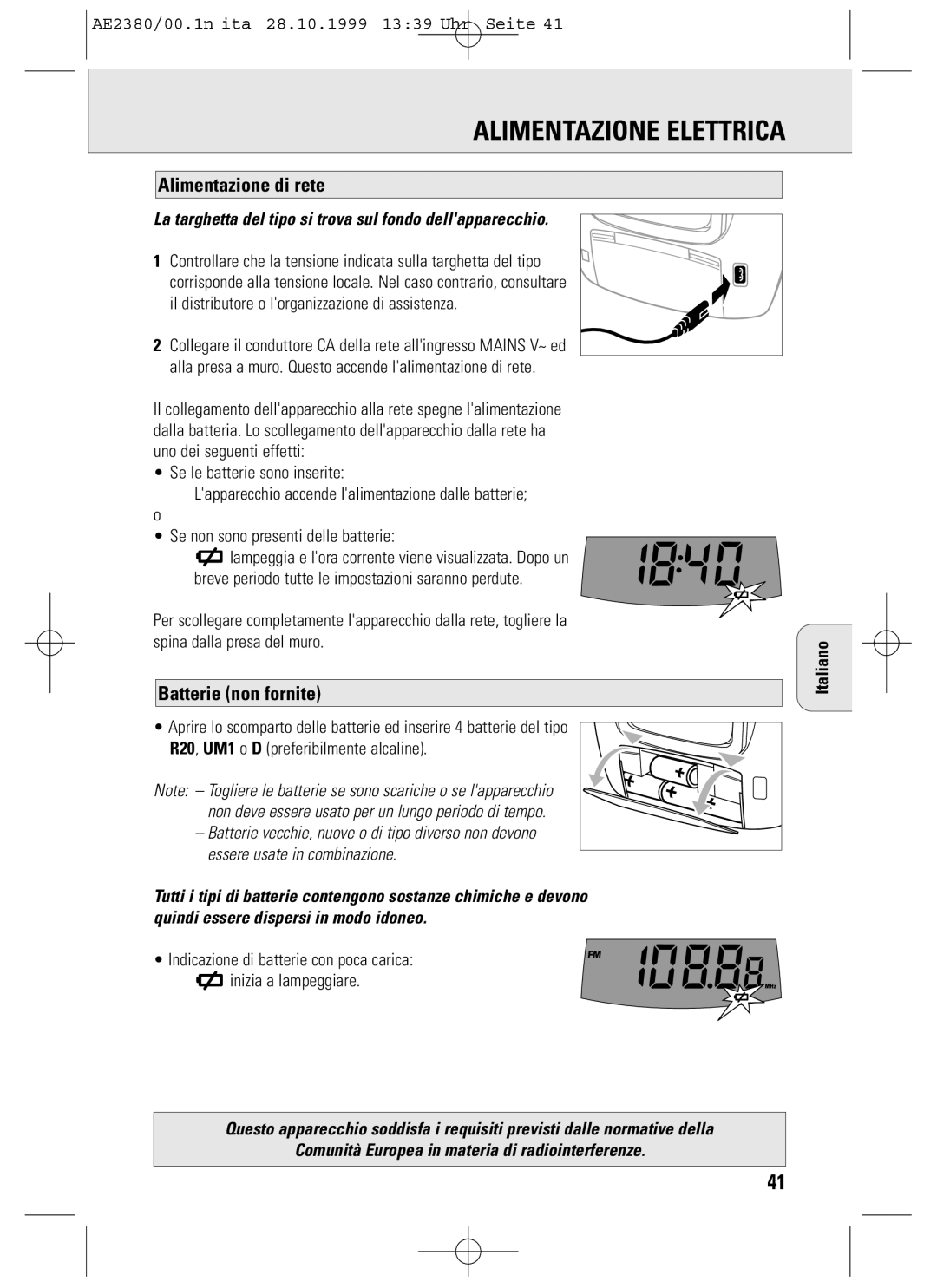 Philips AE2380 manual Alimentazione Elettrica, Alimentazione di rete, Batterie non fornite, Italiano 