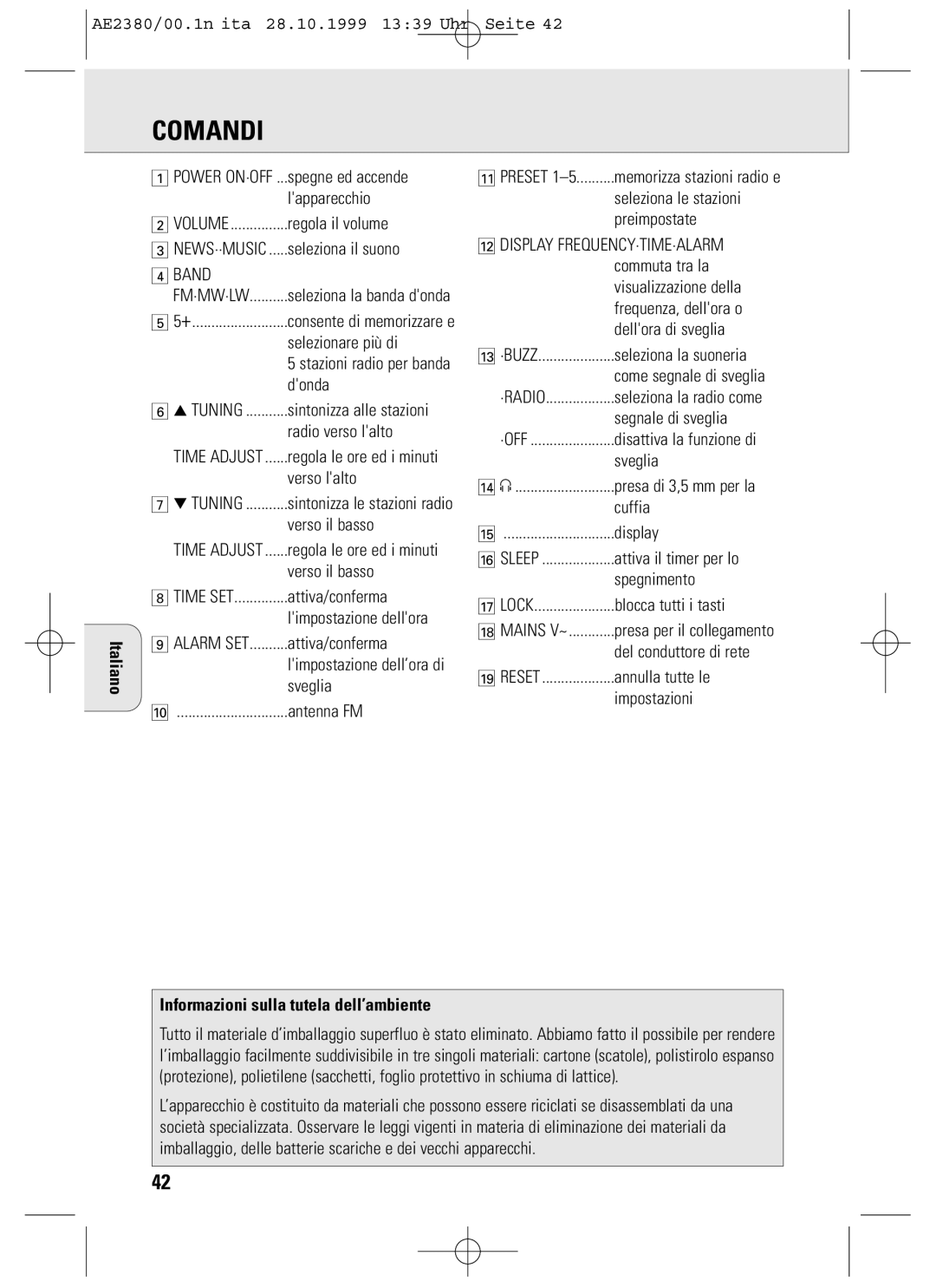 Philips AE2380 manual Comandi, Informazioni sulla tutela dell’ambiente 