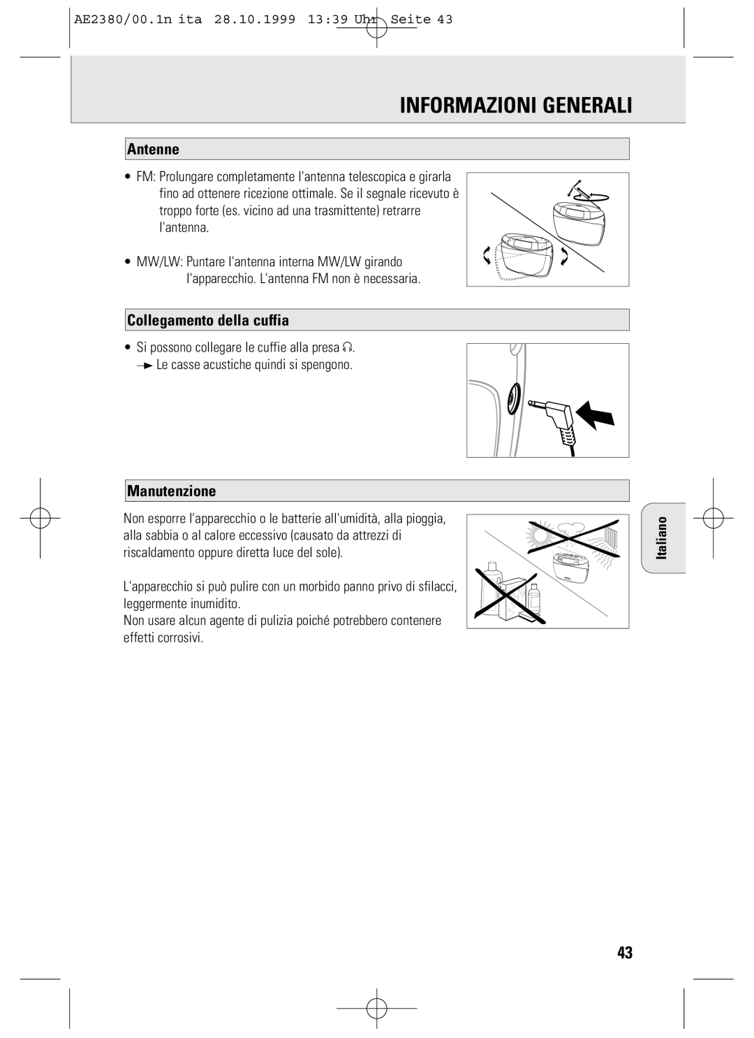 Philips AE2380 manual Informazioni Generali, Antenne, Collegamento della cuffia, Manutenzione 