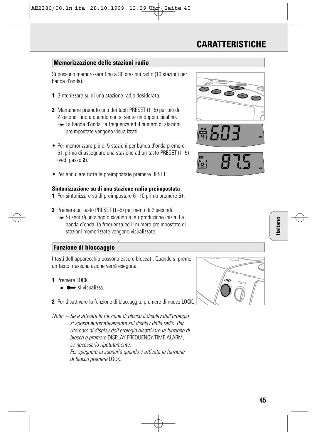 Philips AE2380 manual Caratteristiche, Memorizzazione delle stazioni radio, Funzione di bloccaggio 