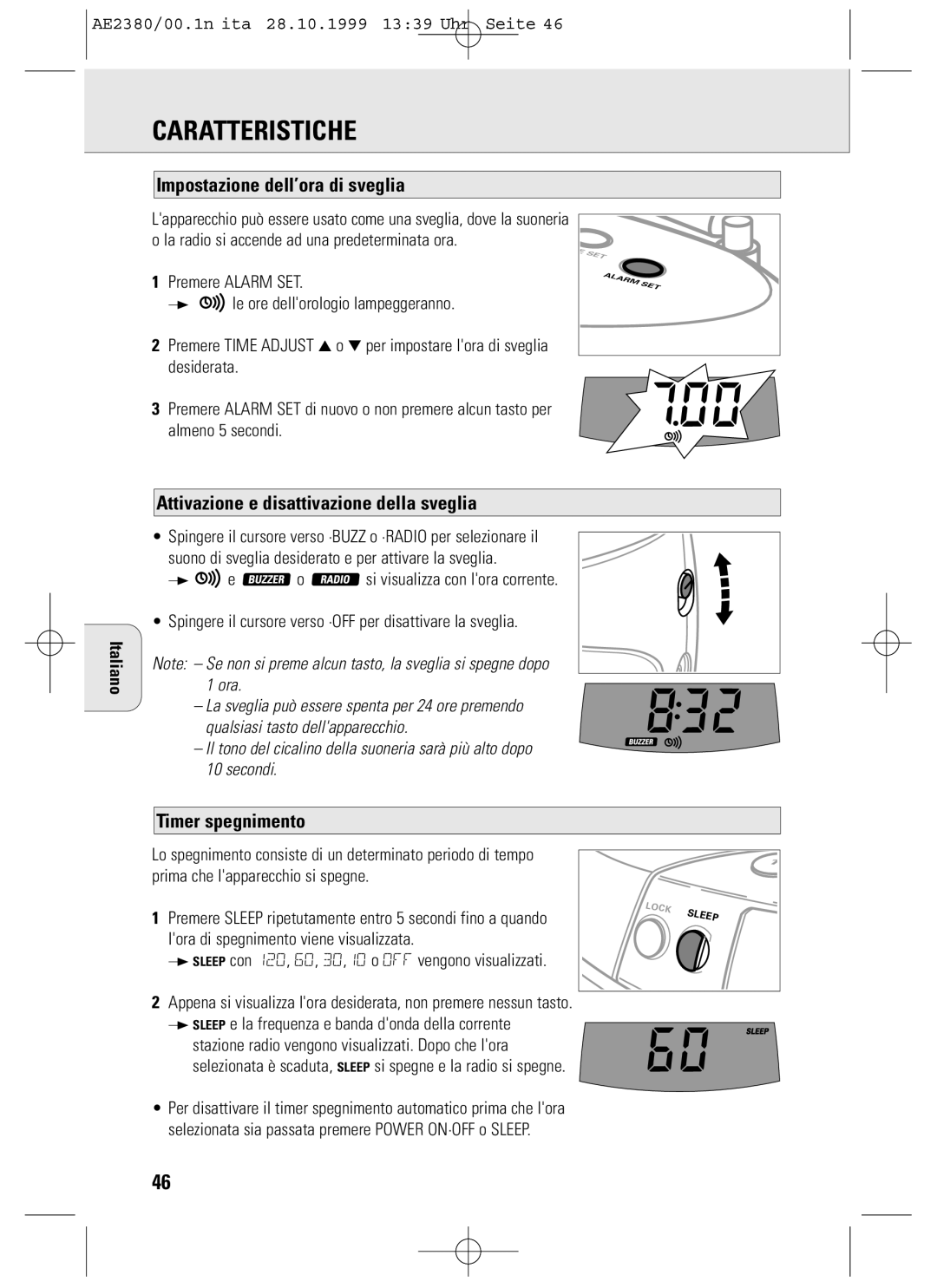 Philips AE2380 manual Impostazione dell’ora di sveglia, Attivazione e disattivazione della sveglia, Timer spegnimento 