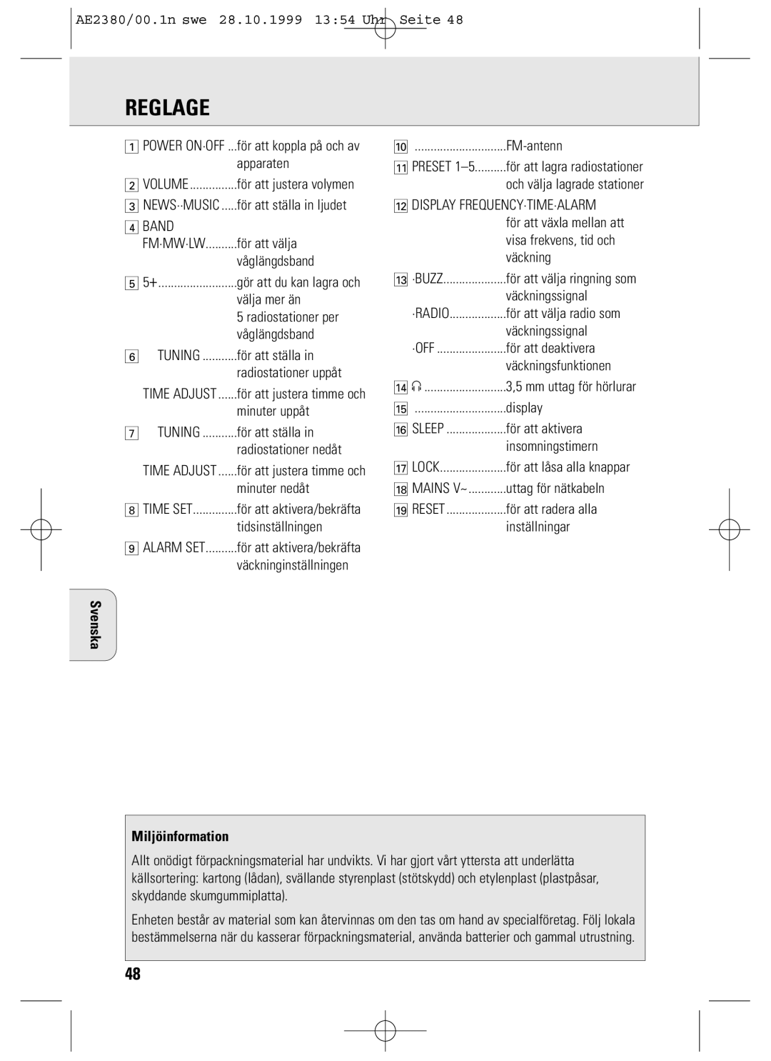 Philips AE2380 manual Reglage, Svenska Miljöinformation 