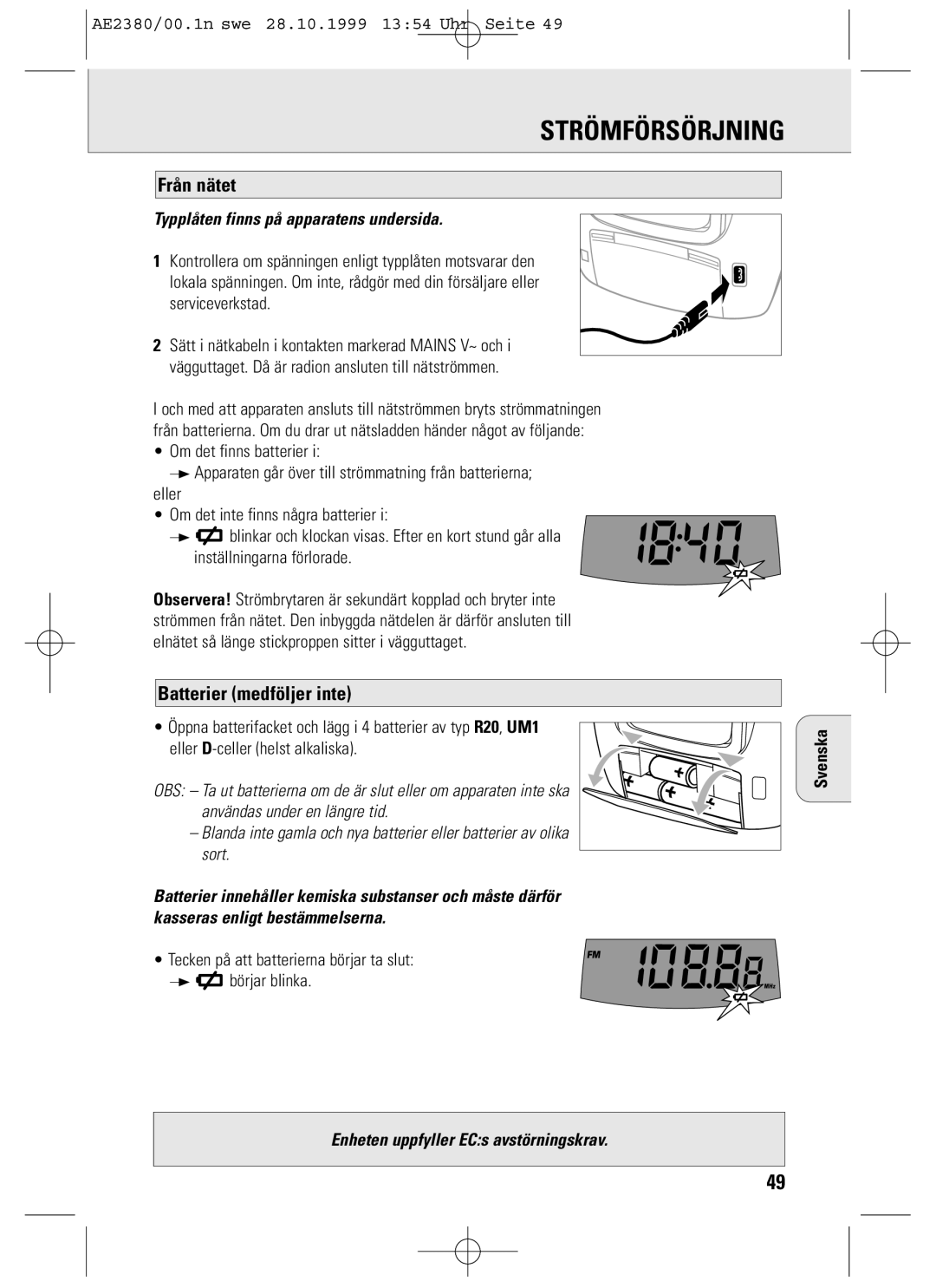 Philips AE2380 manual Strömförsörjning, Från nätet, Batterier medföljer inte, Typplåten finns på apparatens undersida 