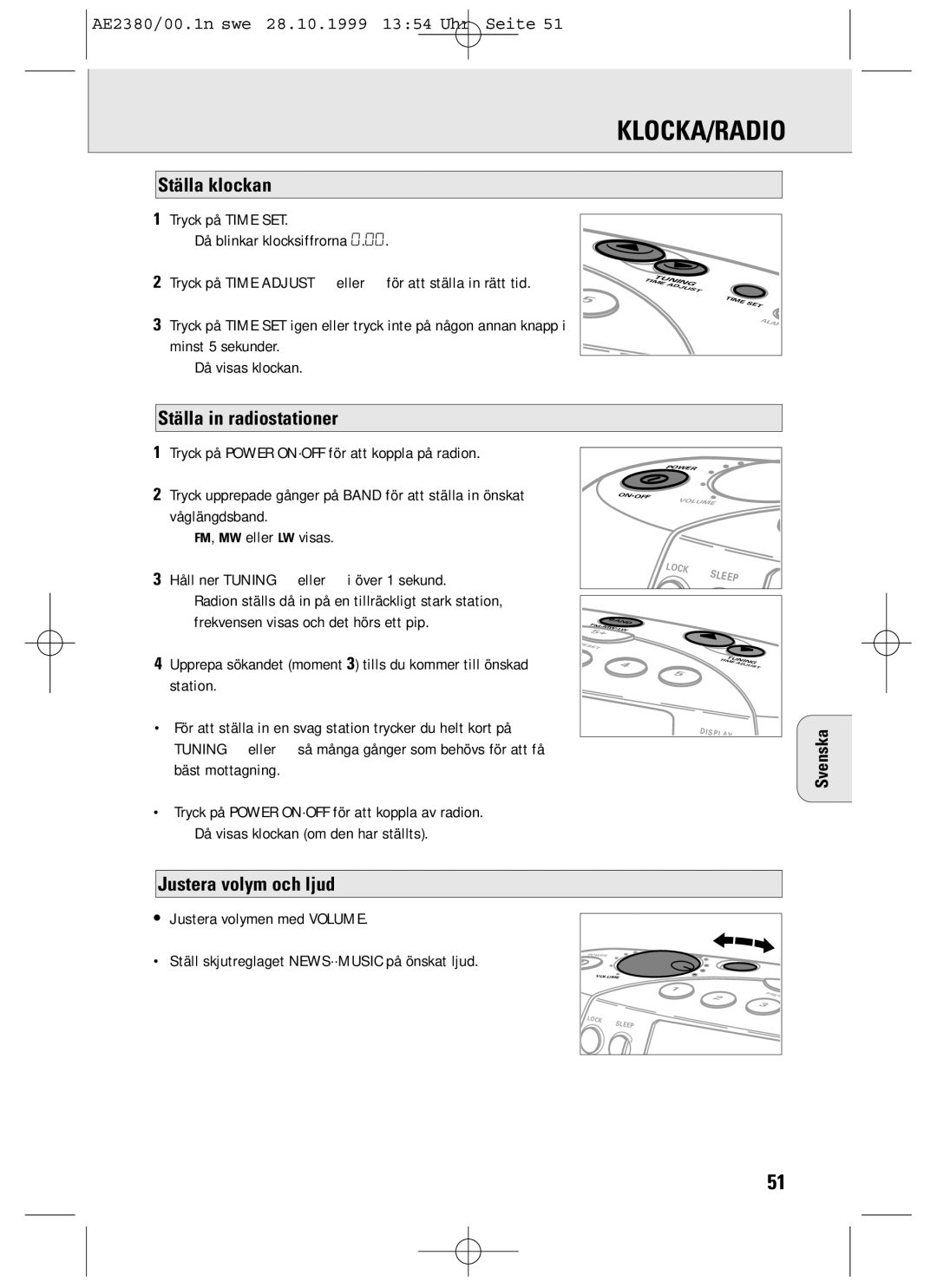 Philips AE2380 manual Klocka/Radio, Ställa klockan, Ställa in radiostationer, Justera volym och ljud 