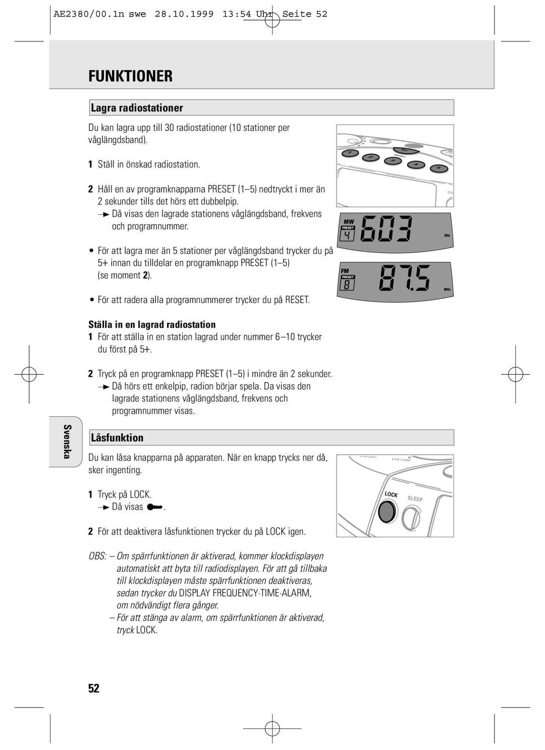 Philips AE2380 manual Funktioner, Lagra radiostationer, Låsfunktion, Se moment, Ställa in en lagrad radiostation 