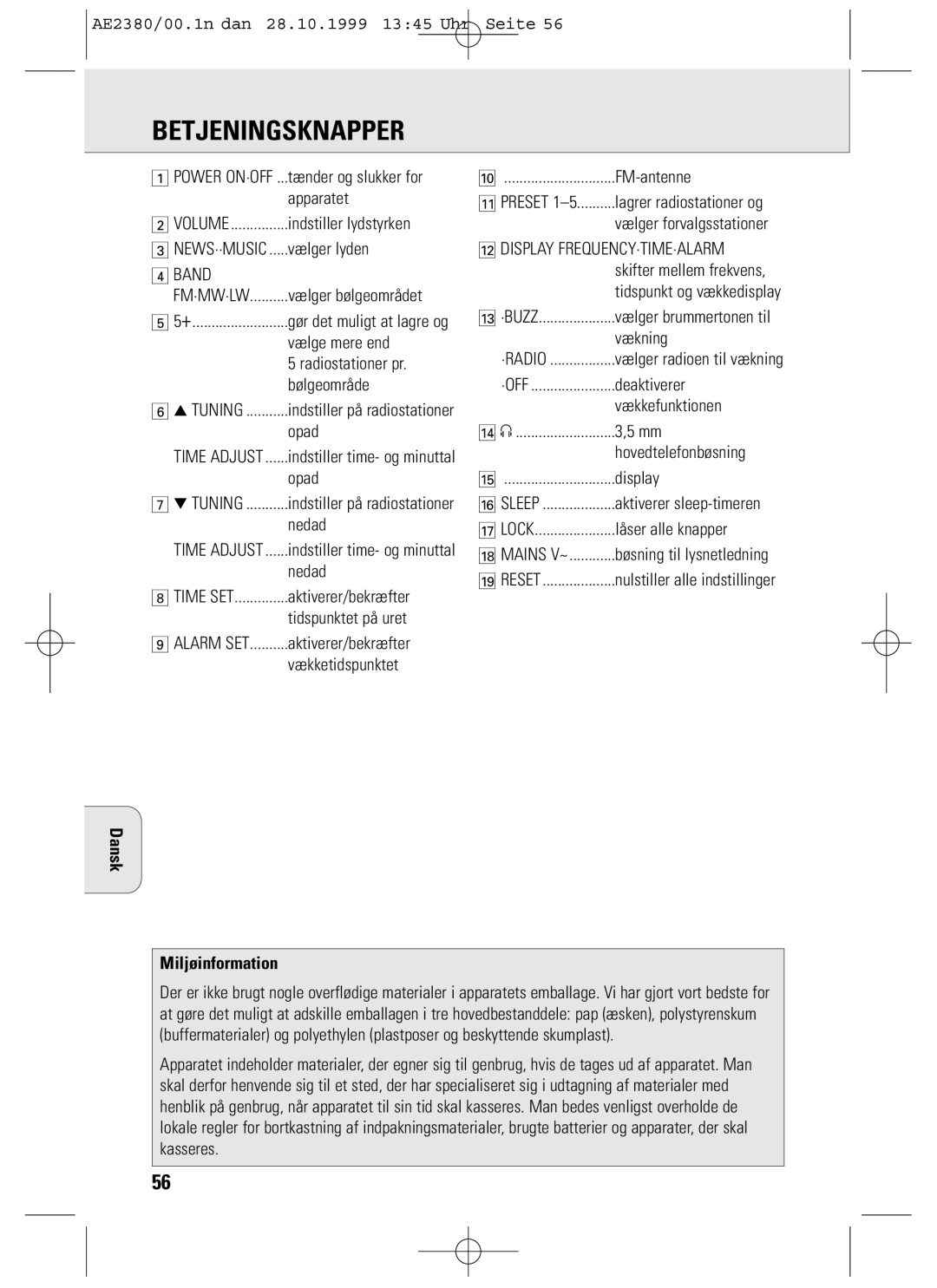 Philips AE2380 manual Betjeningsknapper, Dansk Miljøinformation 