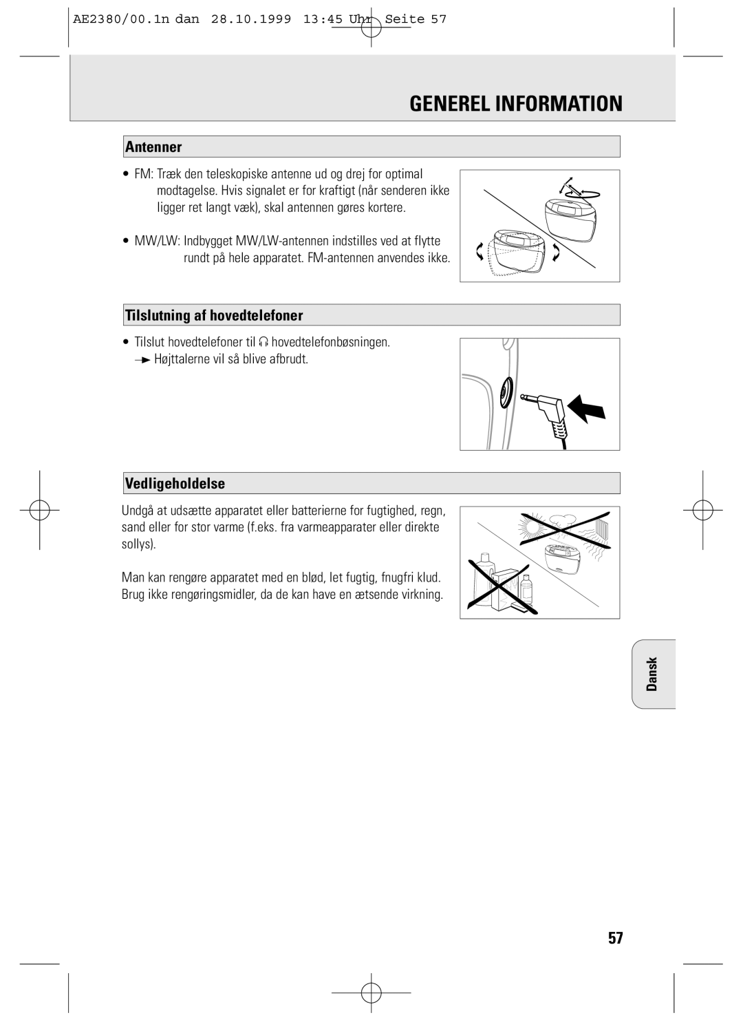 Philips AE2380 manual Generel Information, Tilslutning af hovedtelefoner, Vedligeholdelse 