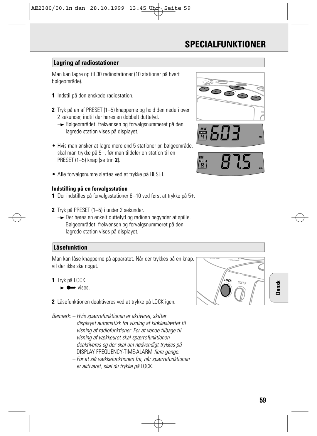 Philips AE2380 manual Specialfunktioner, Lagring af radiostationer, Låsefunktion, Indstilling på en forvalgsstation 