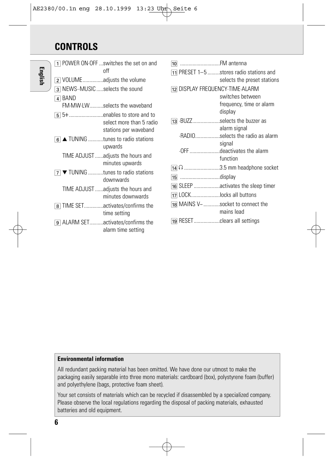 Philips AE2380 manual Controls, English, Environmental information 