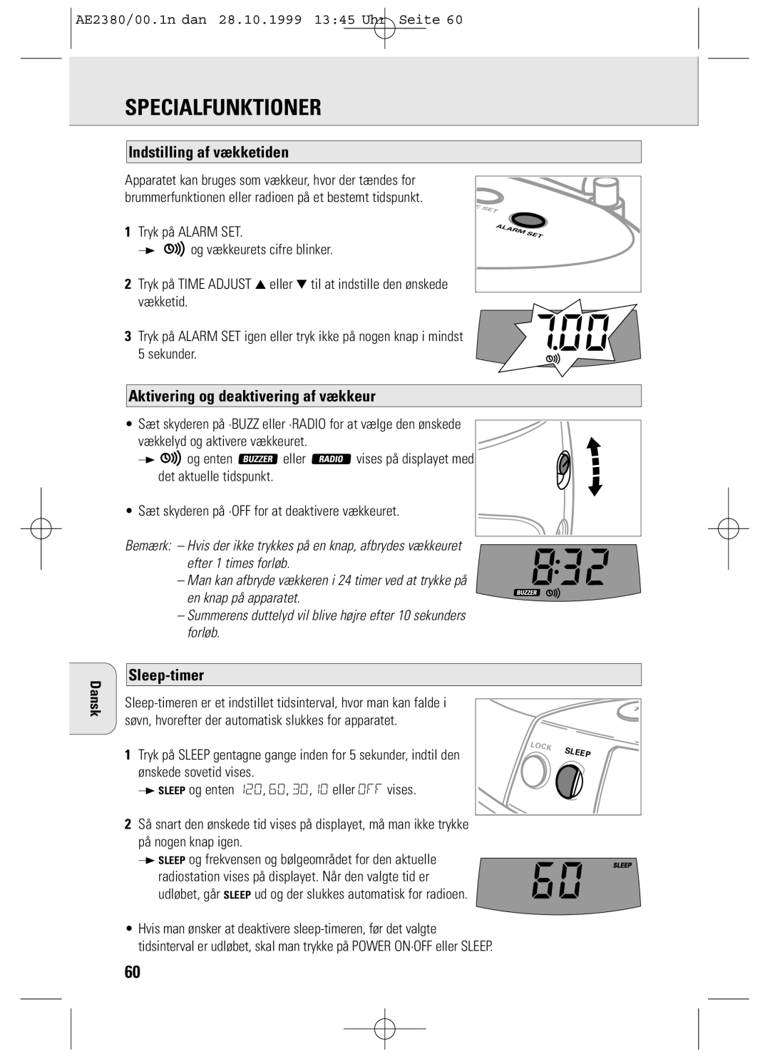 Philips AE2380 manual Indstilling af vækketiden, Aktivering og deaktivering af vækkeur, Sleep-timer 