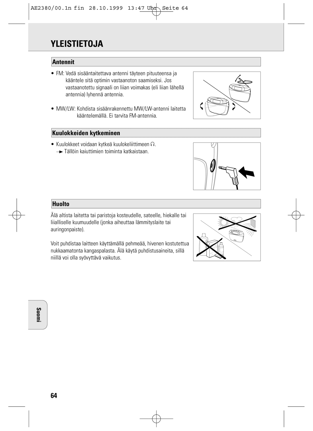 Philips AE2380 manual Yleistietoja, Antennit, Kuulokkeiden kytkeminen, Huolto 