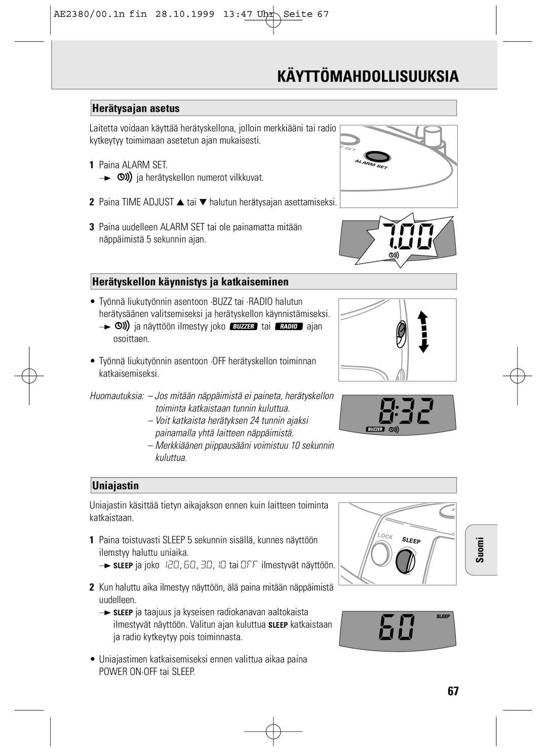 Philips AE2380 manual Herätysajan asetus, Herätyskellon käynnistys ja katkaiseminen, Uniajastin 