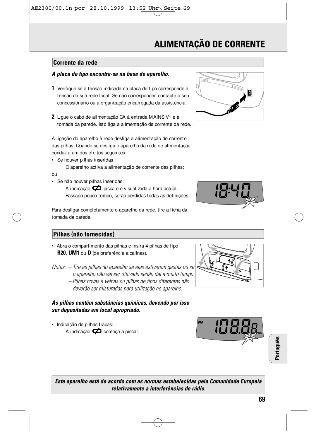 Philips AE2380 manual Alimentação DE Corrente, Corrente da rede, Pilhas não fornecidas 