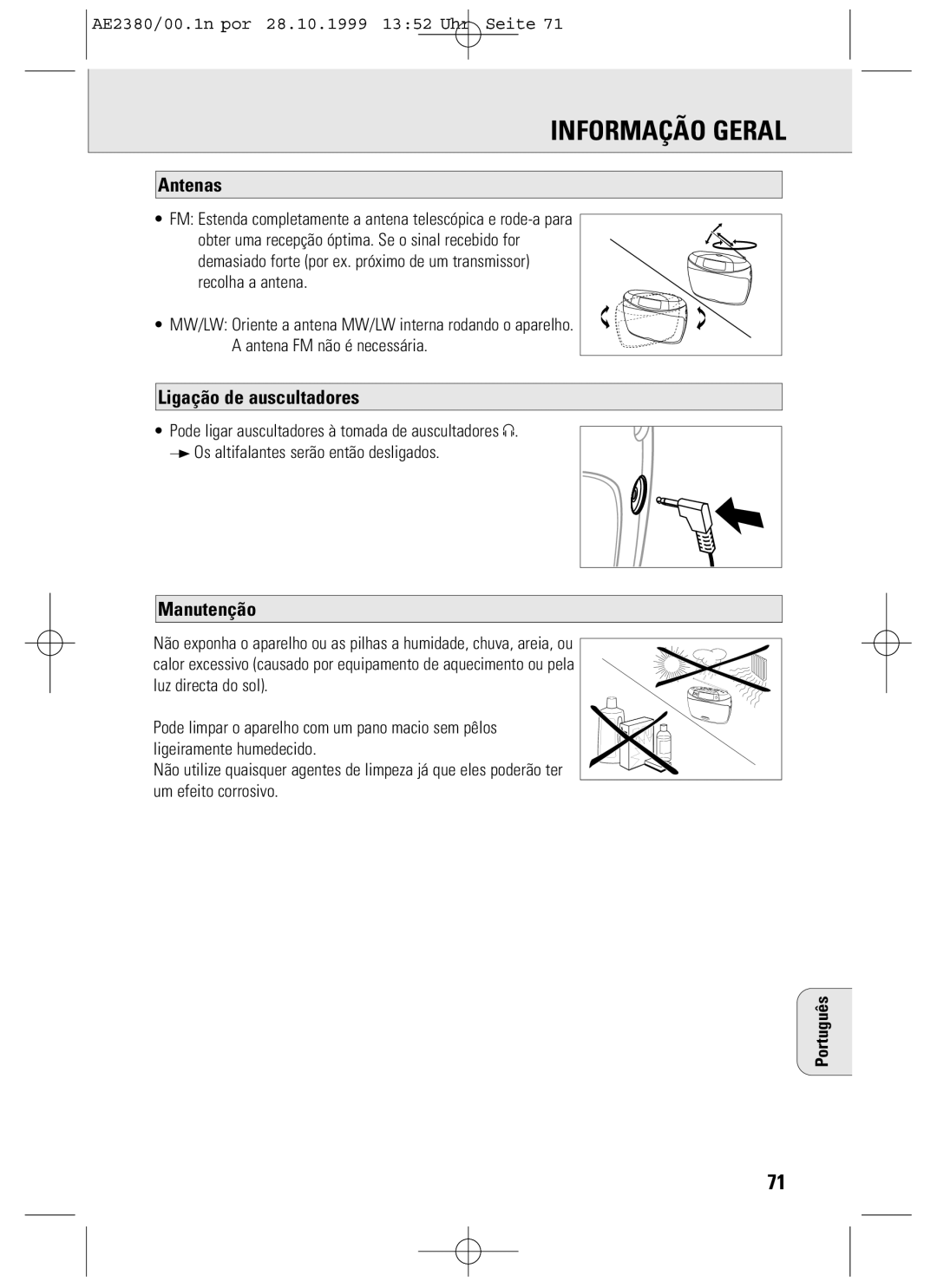 Philips AE2380 manual Informação Geral, Ligação de auscultadores, Manutenção, Português 