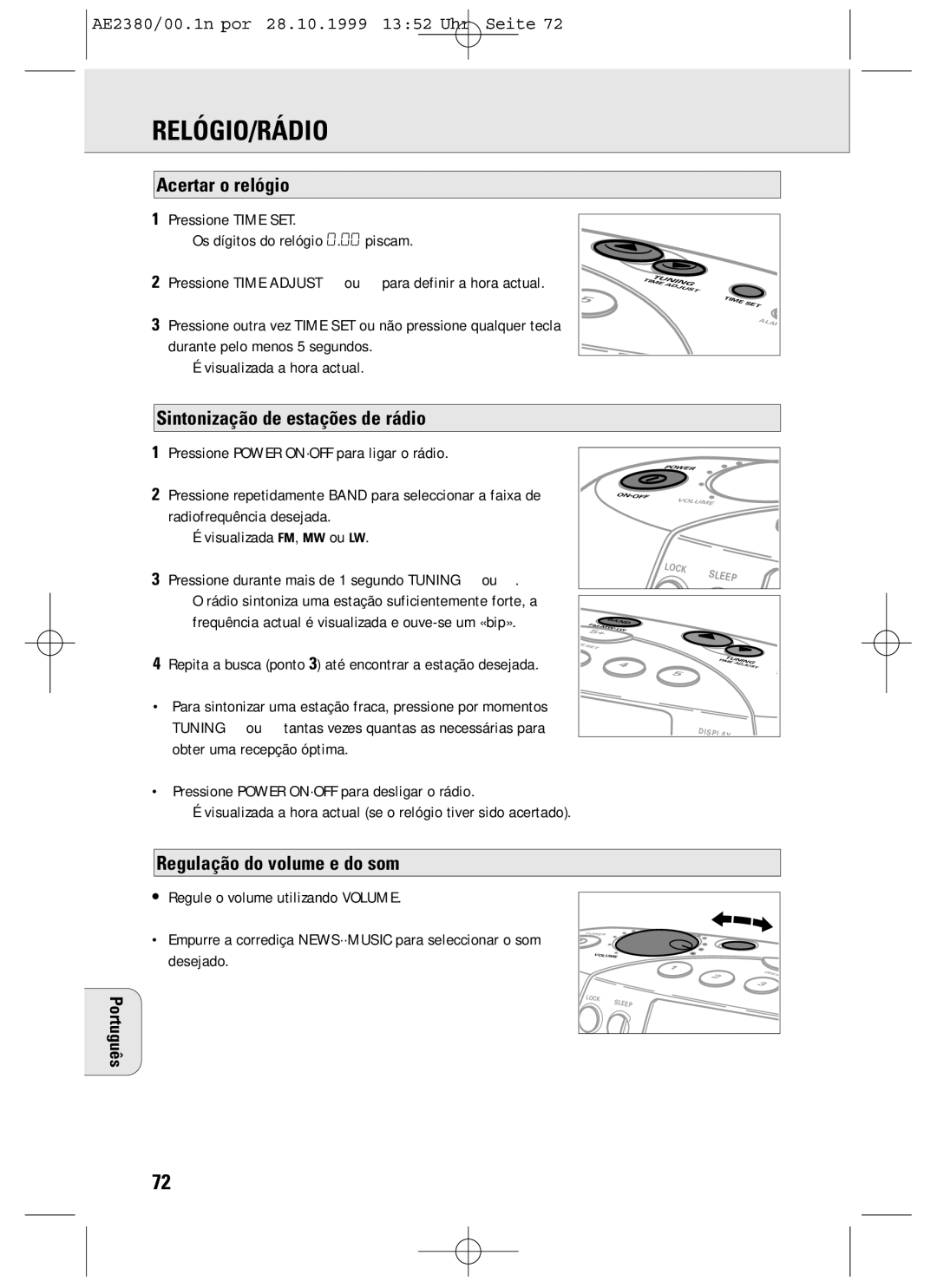 Philips AE2380 manual Relógio/Rádio, Acertar o relógio, Sintonização de estações de rádio 