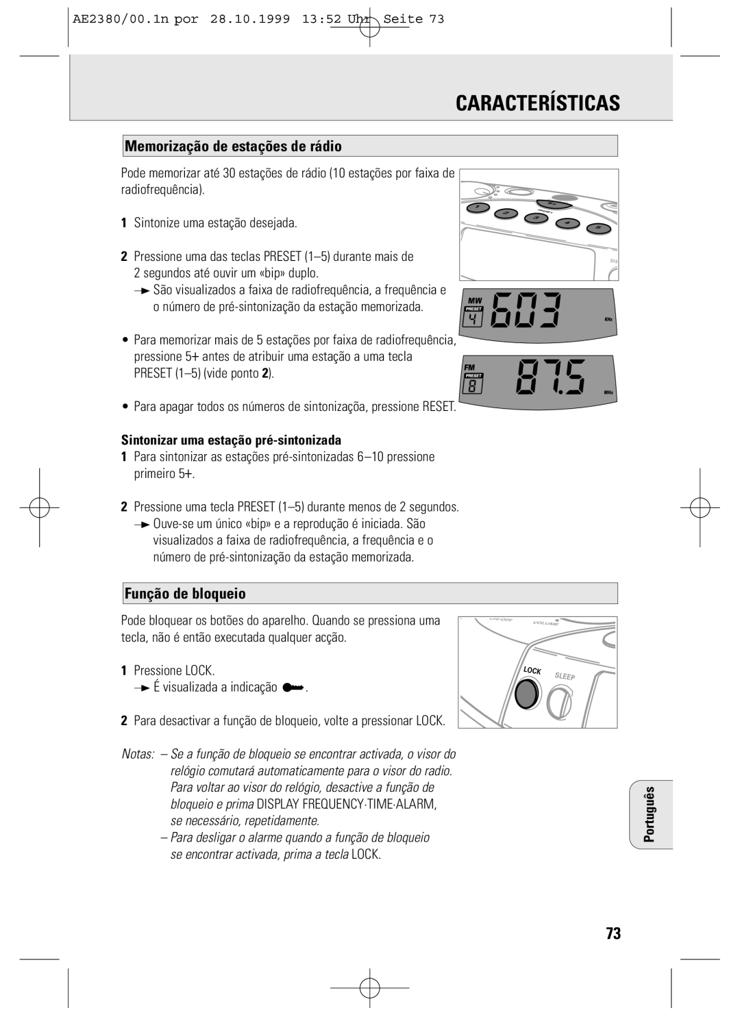 Philips AE2380 manual Memorização de estações de rádio, Função de bloqueio, Sintonizar uma estação pré-sintonizada 