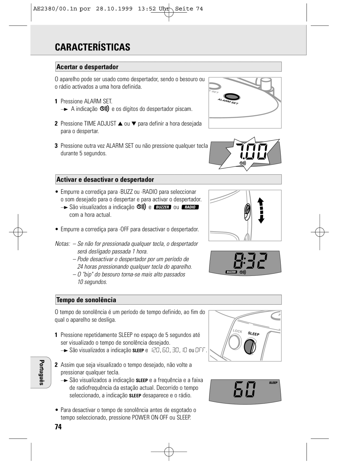 Philips AE2380 manual Acertar o despertador, Activar e desactivar o despertador, Tempo de sonolência 