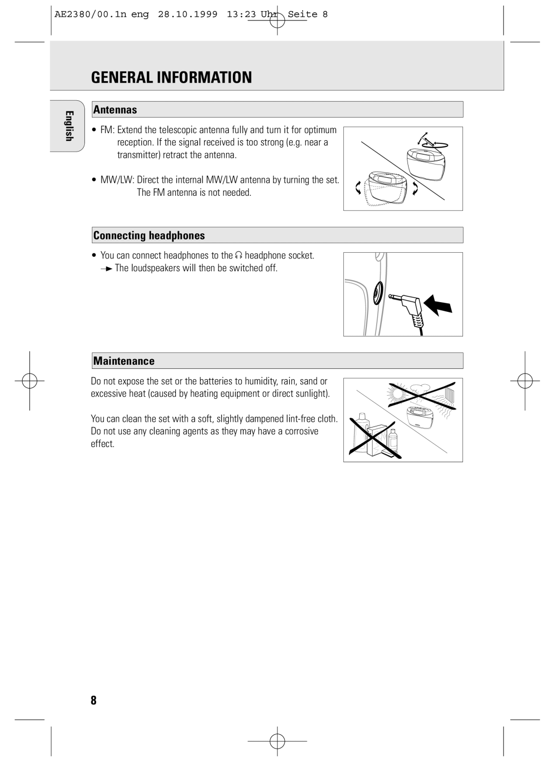 Philips AE2380 manual General Information, Antennas, Connecting headphones, Maintenance 