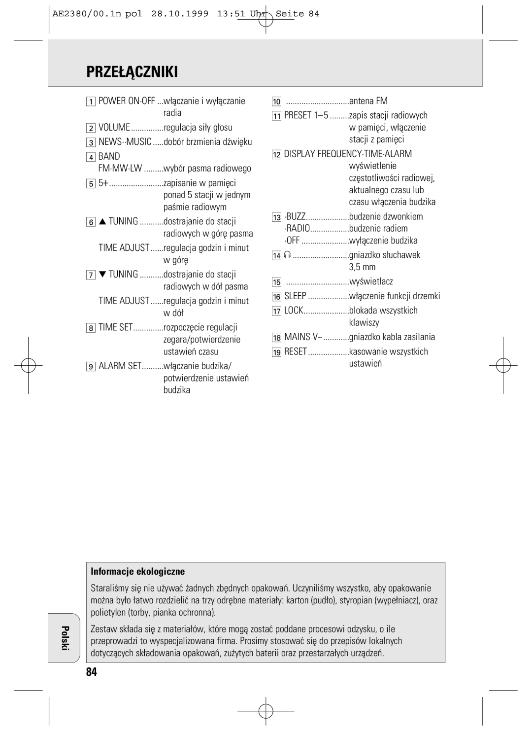 Philips AE2380 manual Prze£Åczniki, Polski Informacje ekologiczne 