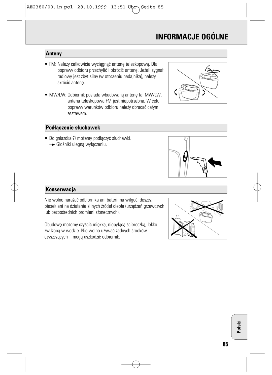 Philips AE2380 manual Informacje Ogólne, Anteny, Pod¬åczenie s¬uchawek, Konserwacja 