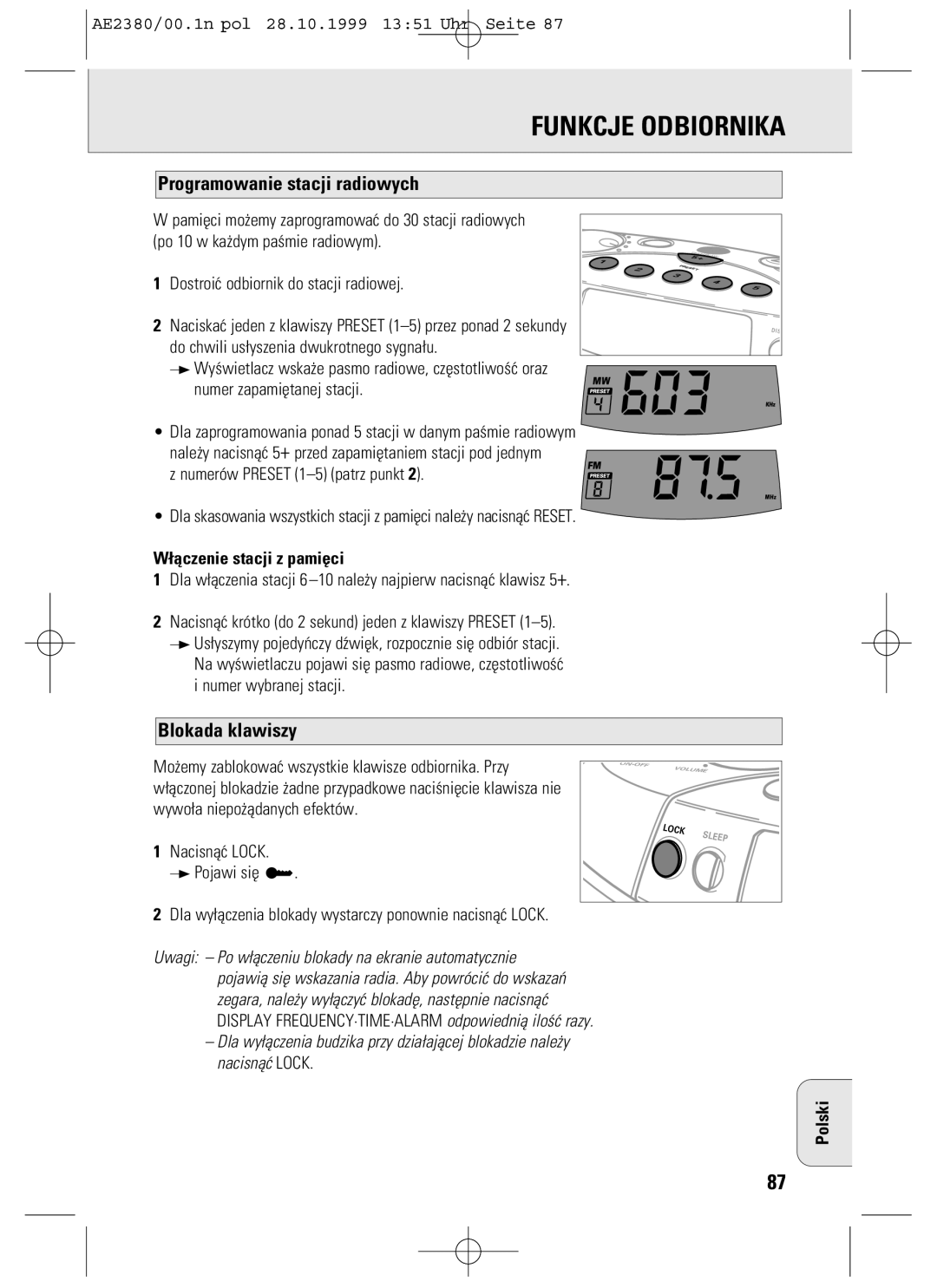 Philips AE2380 manual Funkcje Odbiornika, Programowanie stacji radiowych, Blokada klawiszy, ¬åczenie stacji z pamiêci 