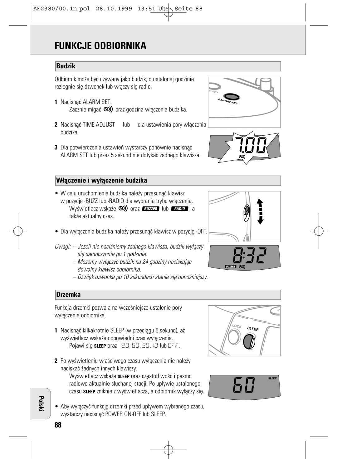 Philips AE2380 manual Budzik, ¬åczenie i wy¬åczenie budzika, Drzemka 