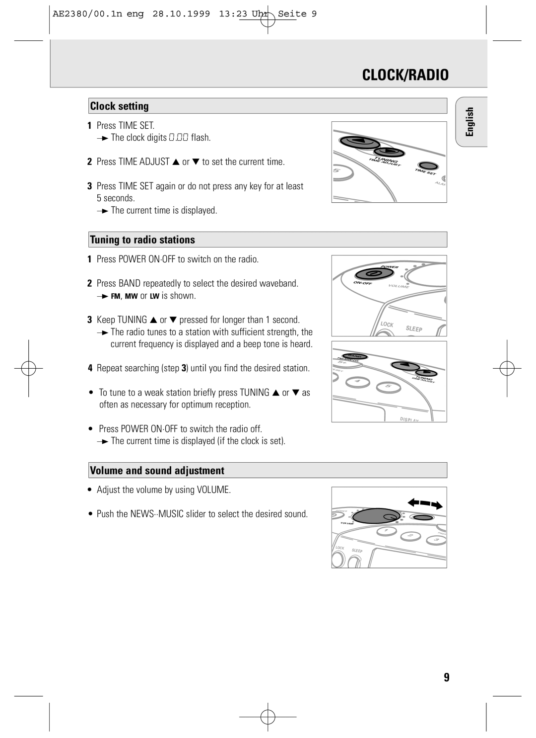 Philips AE2380 manual Clock/Radio, Clock setting, Tuning to radio stations, Volume and sound adjustment 