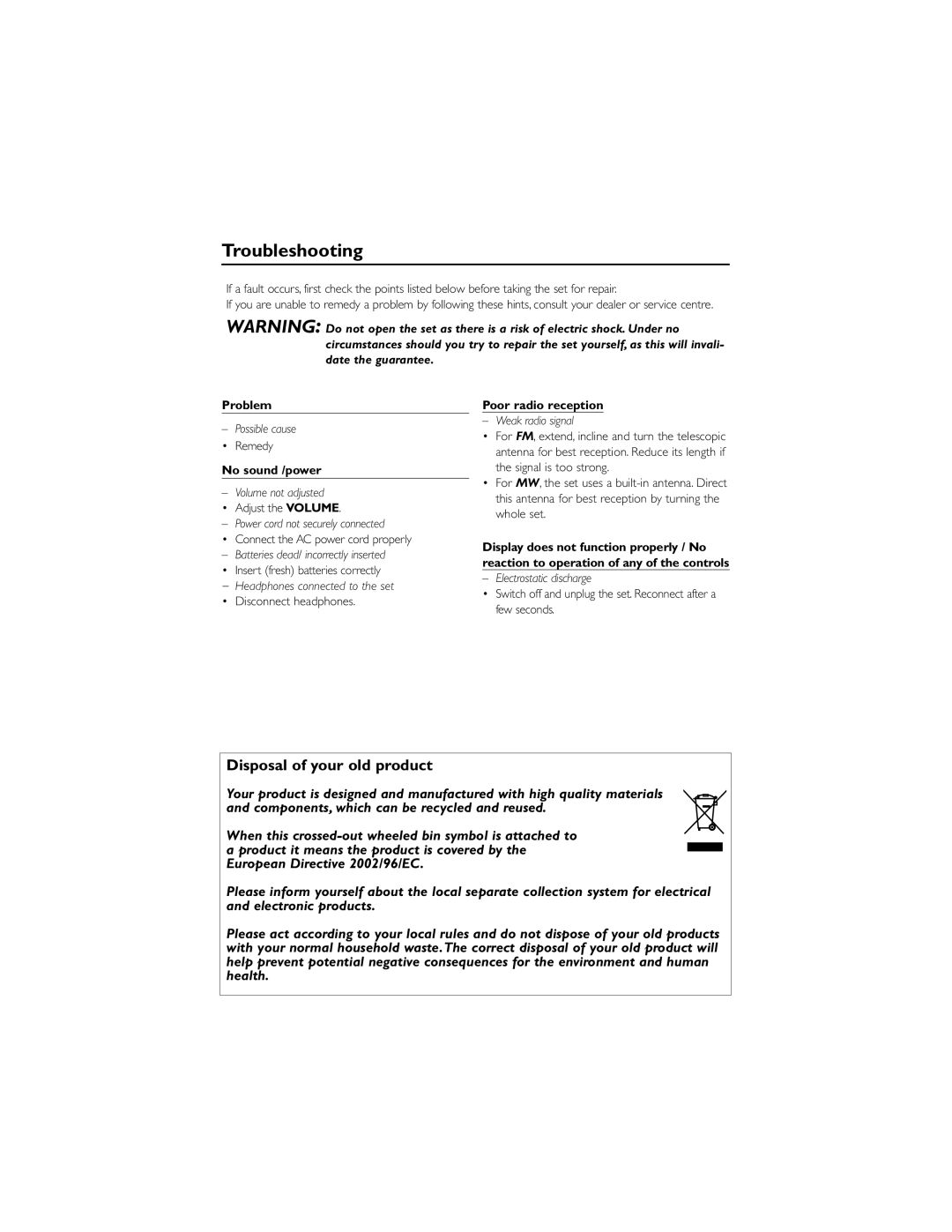 Philips AE2480 user manual Troubleshooting, Disposal of your old product 