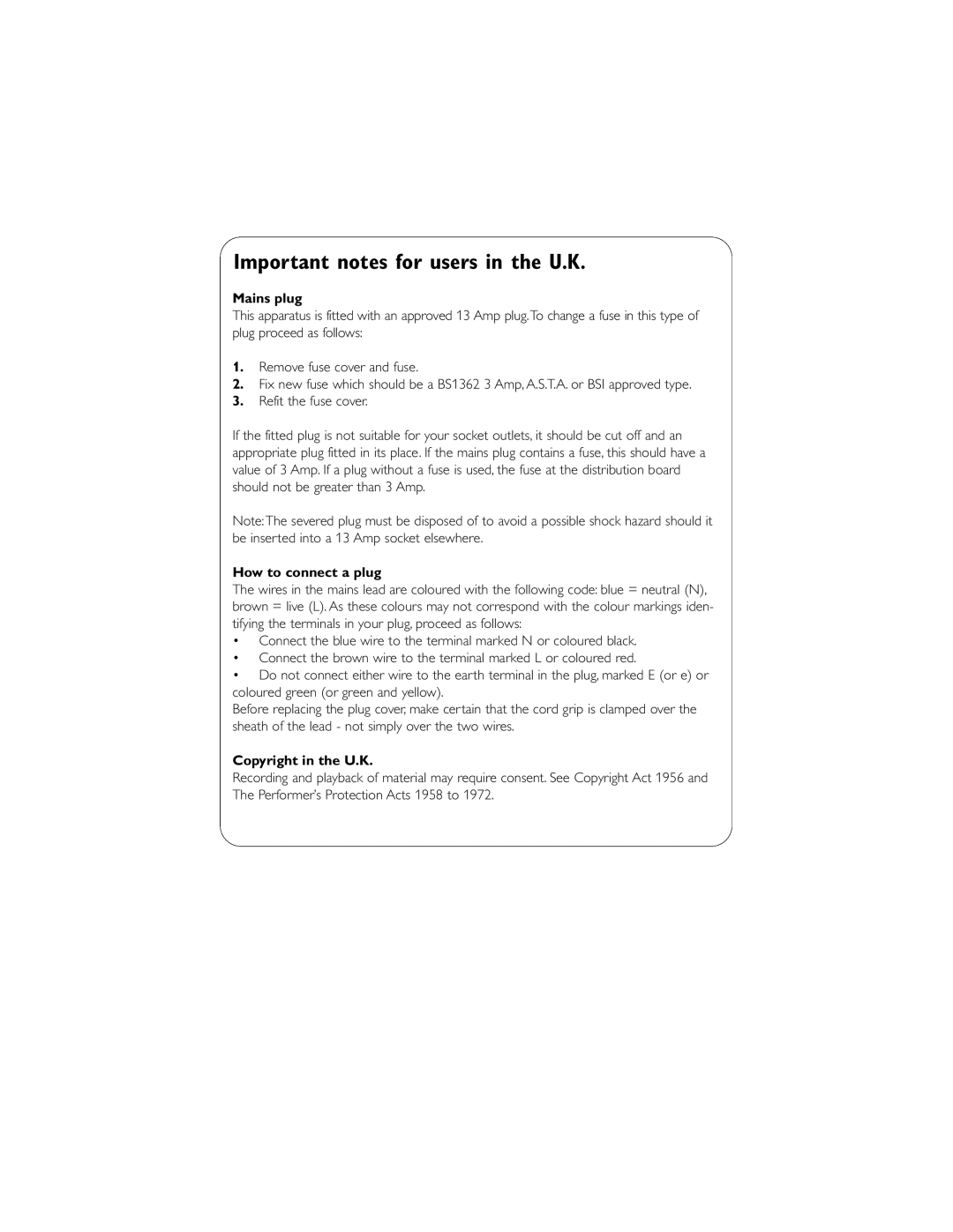 Philips AE2480 user manual Important notes for users in the U.K 