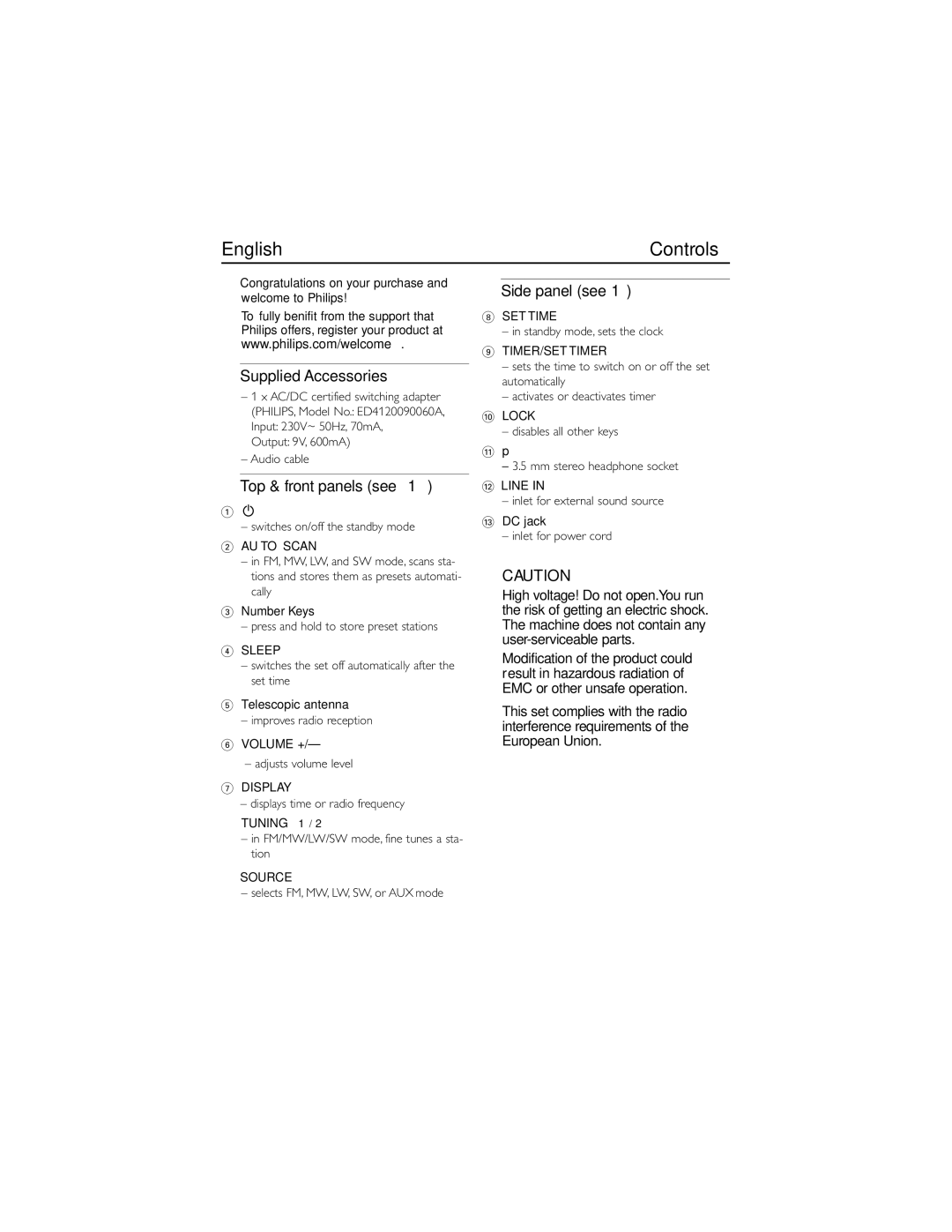 Philips AE2480 user manual English, Supplied Accessories, Top & front panels see, Side panel see 