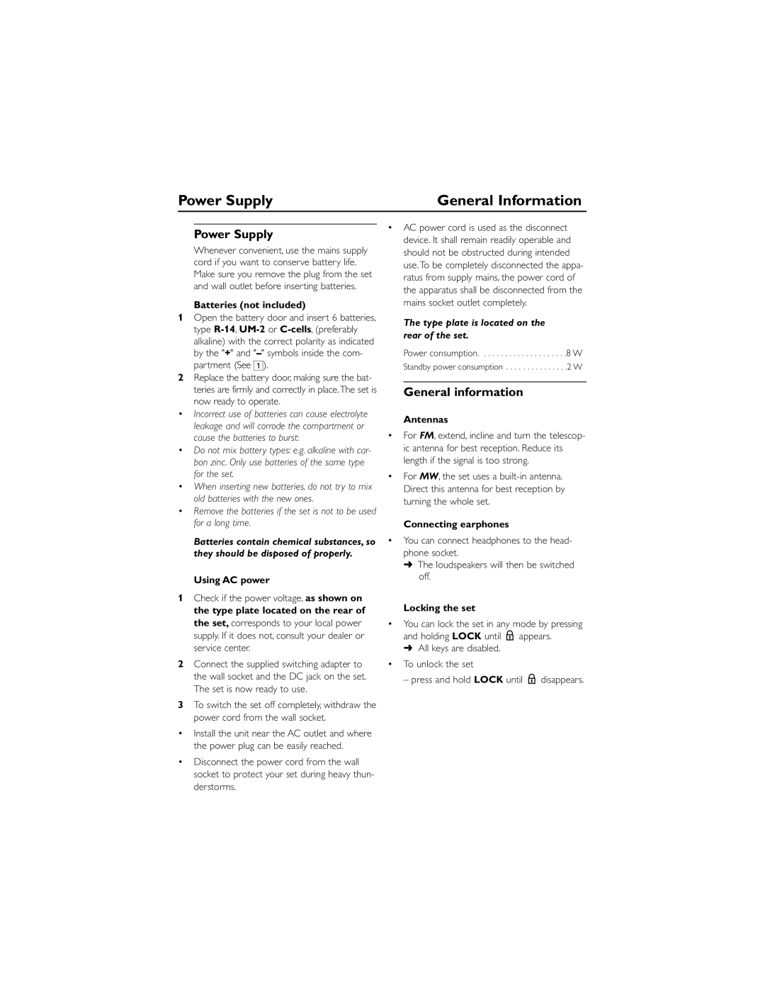 Philips AE2480 user manual Power Supply General Information, General information 