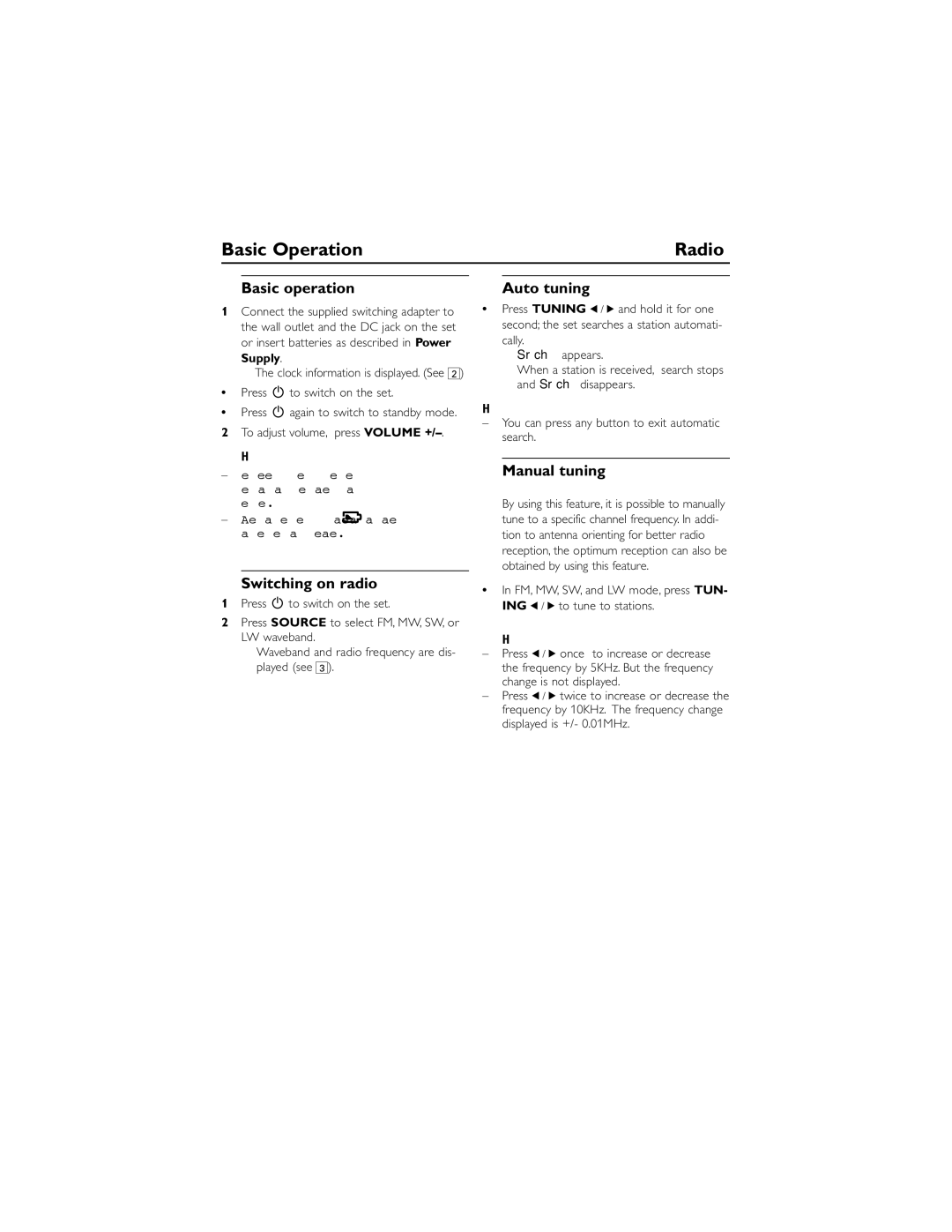 Philips AE2480 user manual Basic Operation, Basic operation, Switching on radio, Auto tuning, Manual tuning 