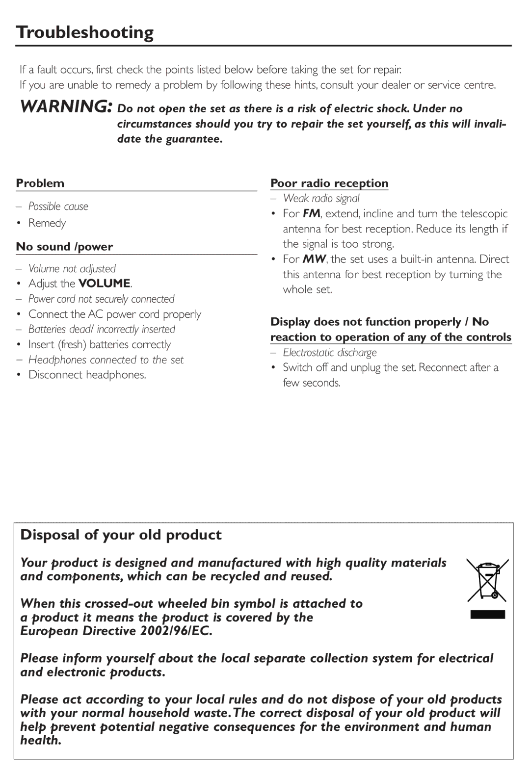 Philips AE2480 user manual Troubleshooting, Disposal of your old product, Problem, No sound /power, Poor radio reception 