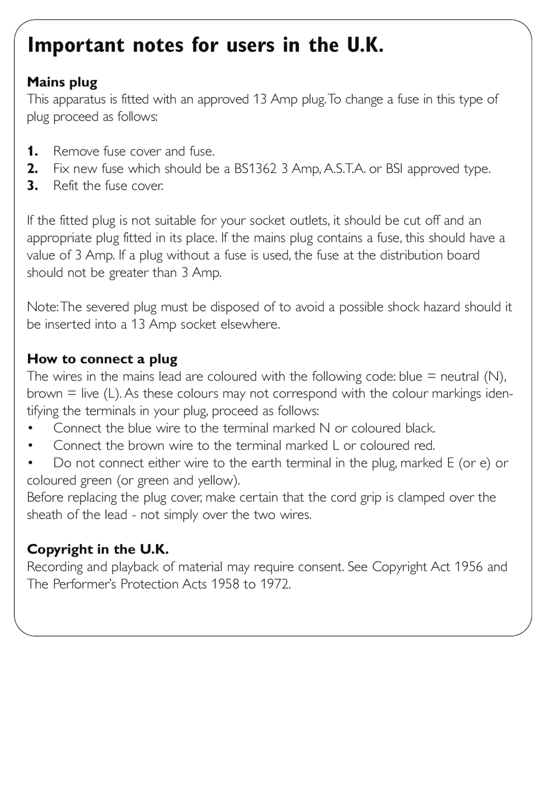 Philips AE2480 user manual Important notes for users in the U.K 